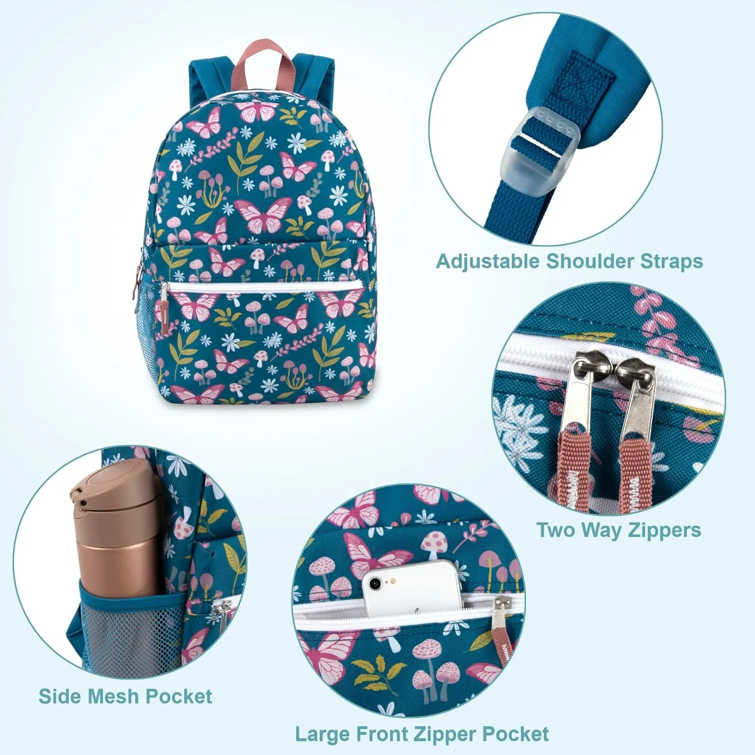 17 Inch Backpack with Side Pockets for Girls for School, Travel, Hiking, Camping