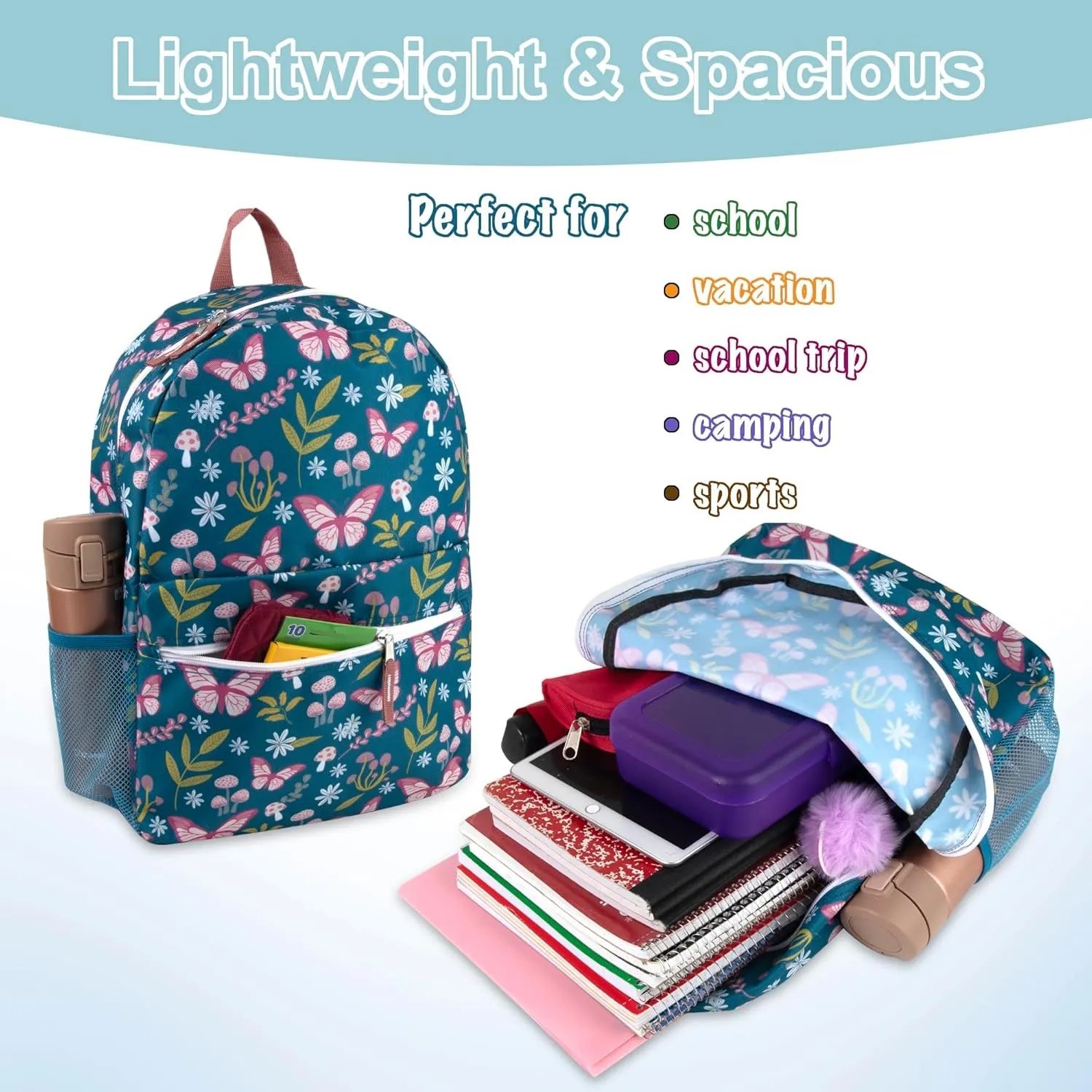 17 Inch Backpack with Side Pockets for Girls for School, Travel, Hiking, Camping