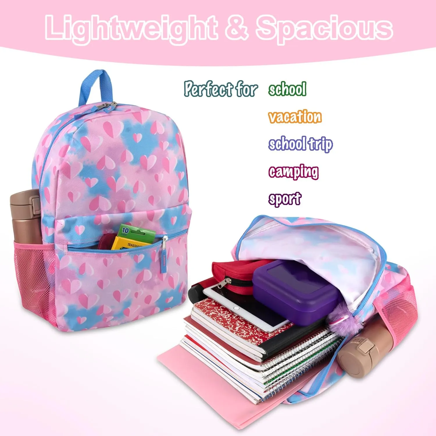 17 Inch Backpack with Side Pockets for Girls for School, Travel, Hiking, Camping