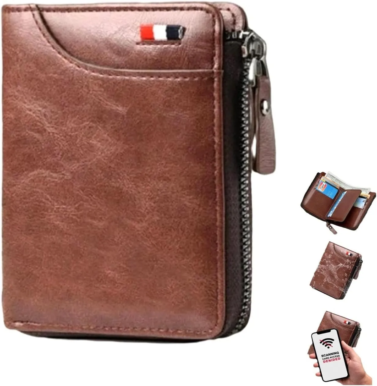 2023 New Multi-Functional RFID Blocking Waterproof Durable PU Leather Wallet, Large Capacity Zipper Wallets for Men Holds 1-14 Cards, Soft Slim Genuine Leather RFID Blocking Wallet Technology (BROWN)