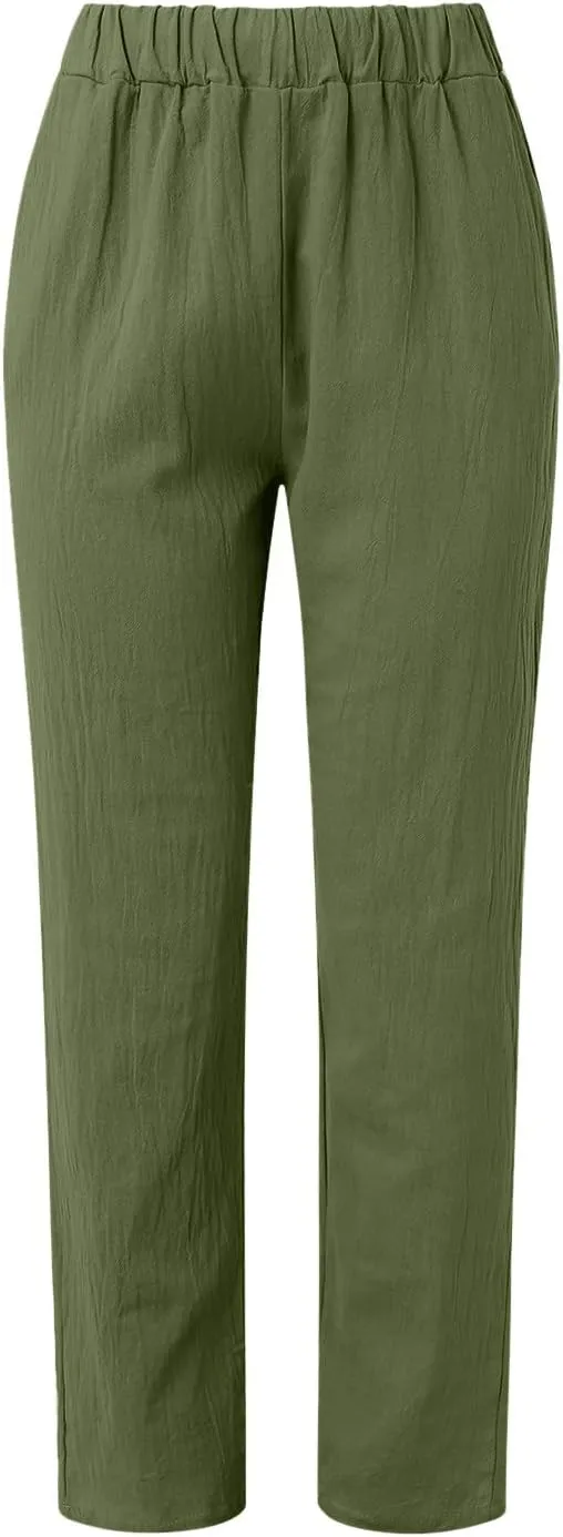 2025 Linen Pants for Women Summer High Waist Elastic Straight Leg Lounge Pant Casual Loose Lightweight Beach Trousers