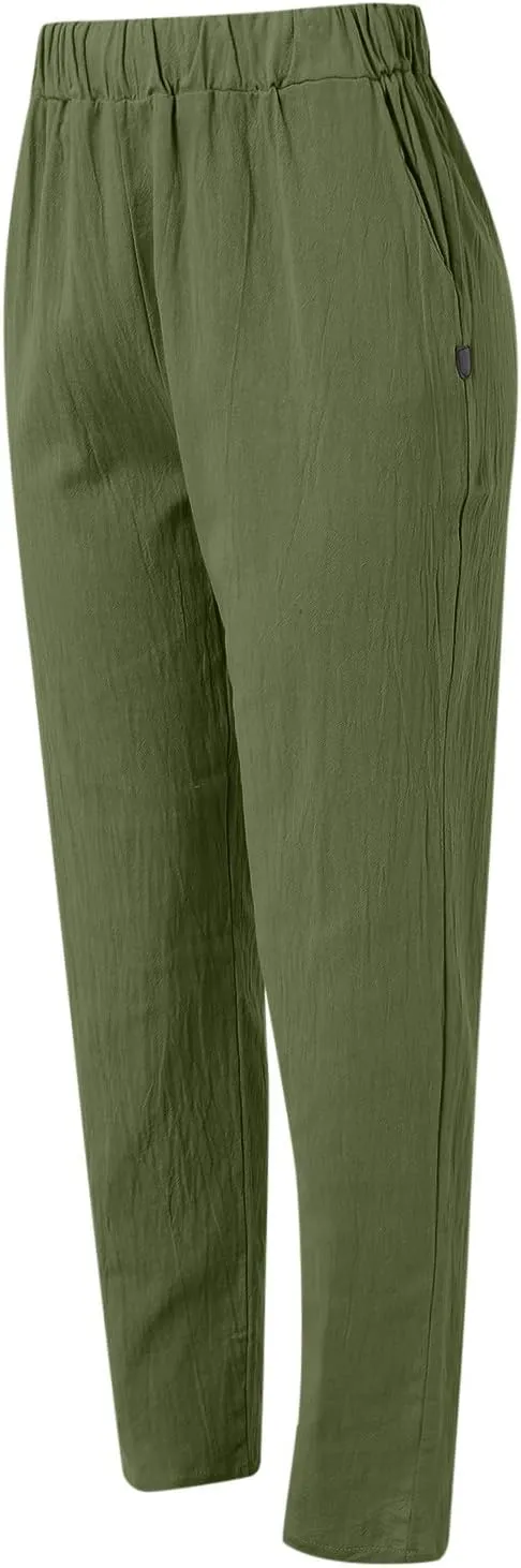 2025 Linen Pants for Women Summer High Waist Elastic Straight Leg Lounge Pant Casual Loose Lightweight Beach Trousers