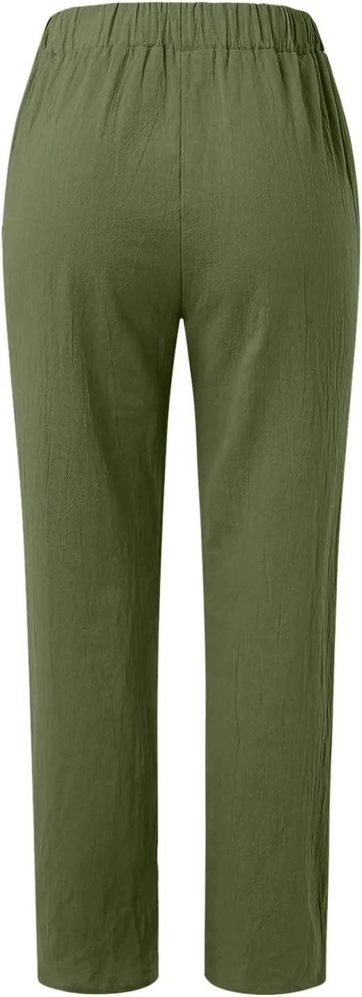 2025 Linen Pants for Women Summer High Waist Elastic Straight Leg Lounge Pant Casual Loose Lightweight Beach Trousers