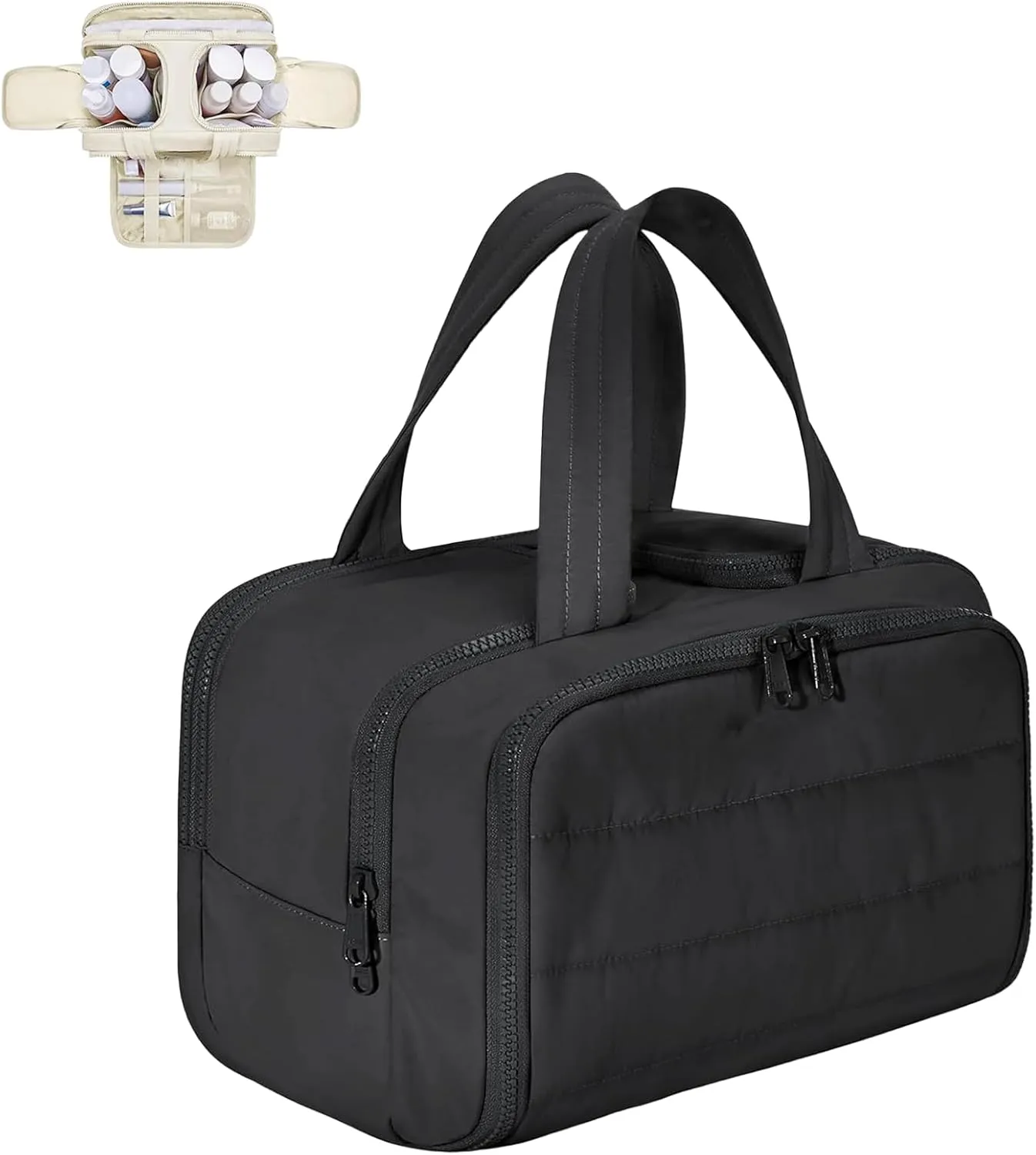 2025 New Cureaway Travel Cosmetic Bag, Large Capacity Wide-Open Travel Cosmetic Bag, Curetoaway Toiletry Bag for Women, 4-In-1 Puffy Multi-Functional Toiletry Bag for Women for Accessories (Black)