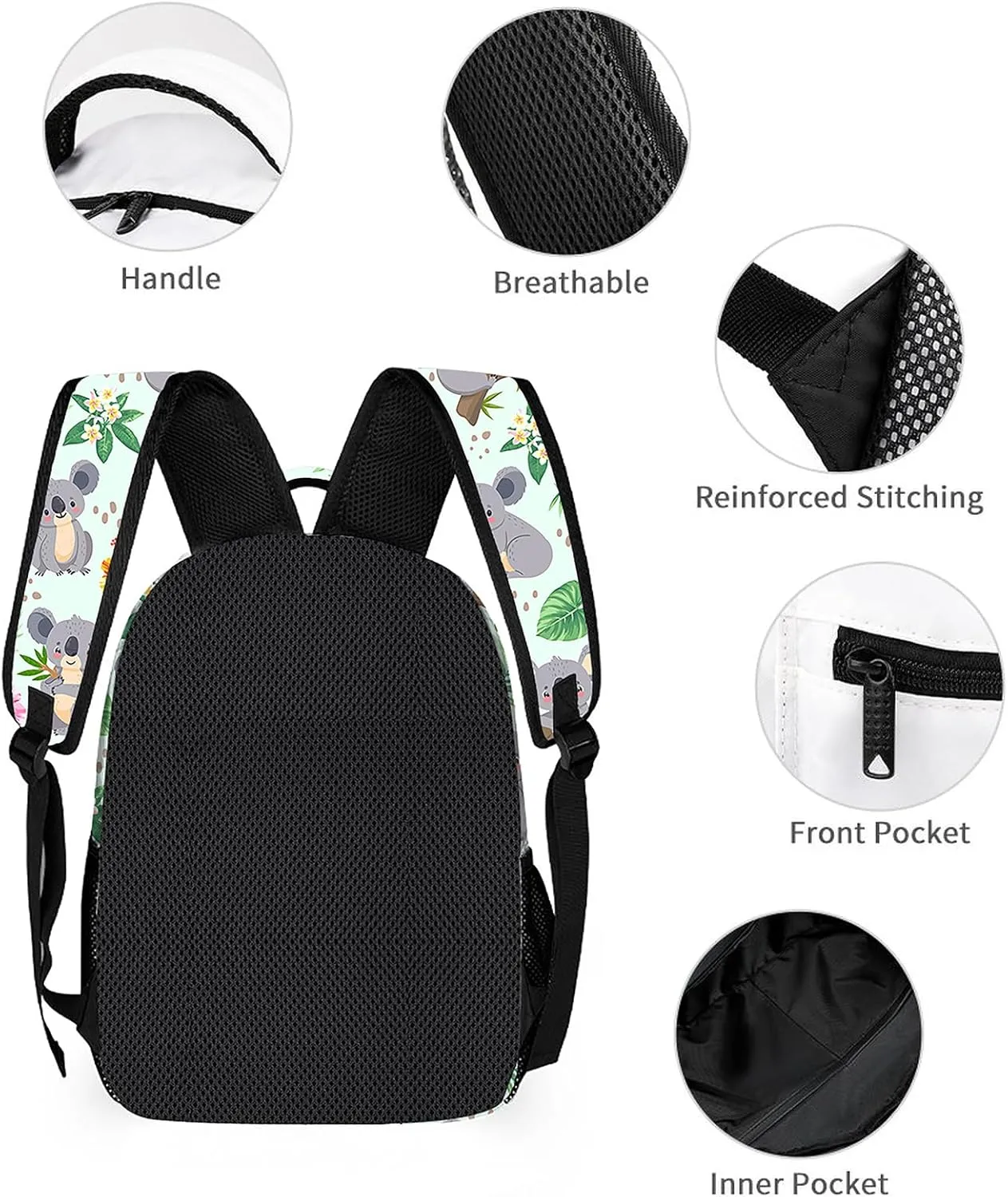 3pcs Cartoon Koala Backpack Set, Multi-functional Laptop Bag 17in Water Resistant Travel Daypack, Large Capacity Double Shoulder Backpack With Lunch Bag (Cartoon Koala