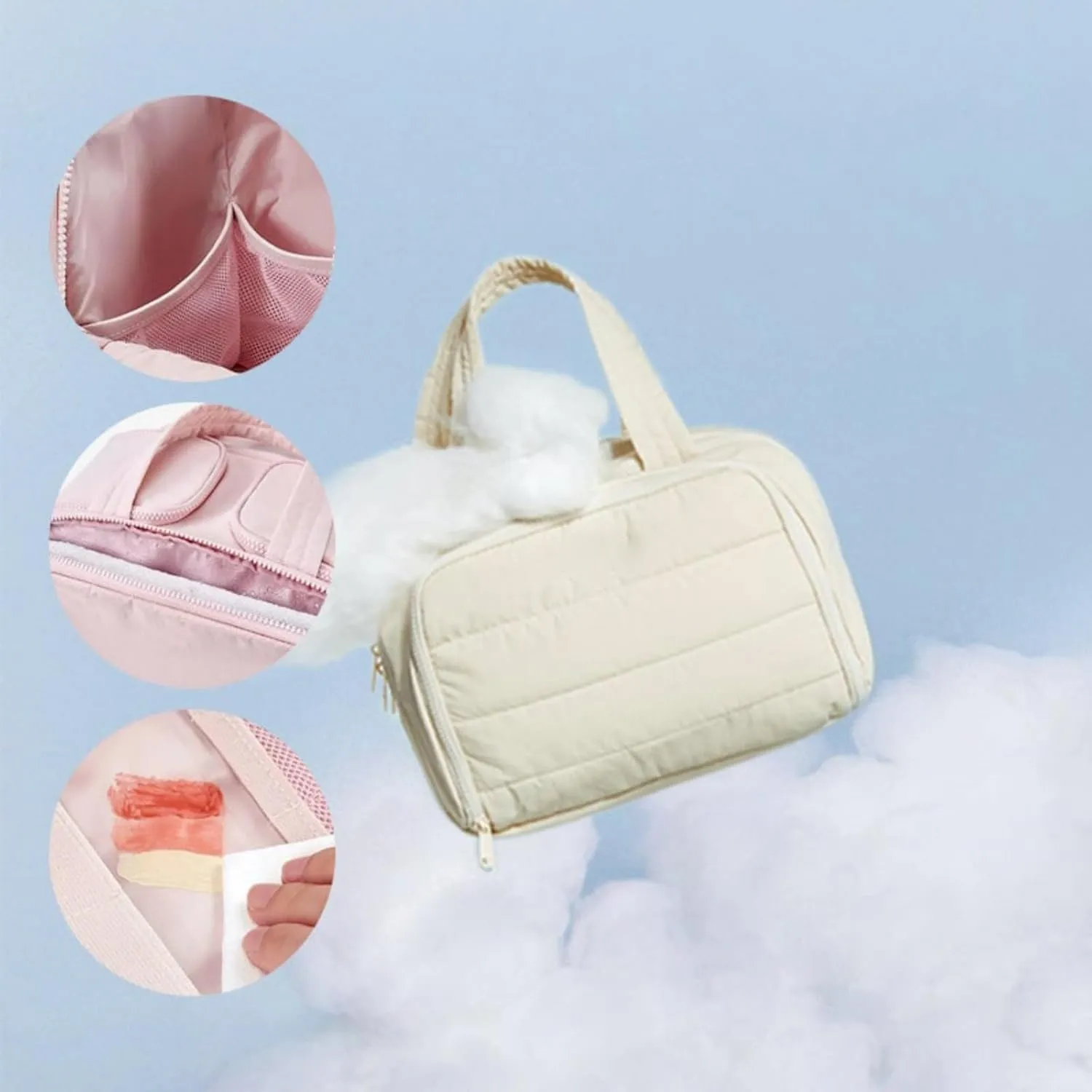 4-in-1 Multifunctional Travel Cosmetic Bag, Large-Capacity Travel Cosmetic Bag, 4-in-1 Puffy Multi-functional Toiletry Bag, 2025 New Camping Toiletry Bag for Women Traveling (Beige Pink)