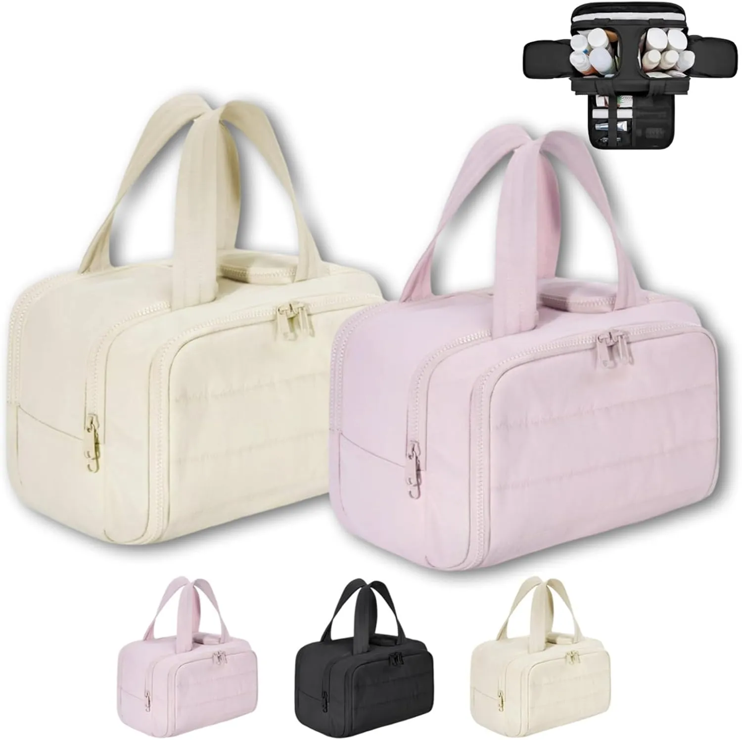 4-in-1 Multifunctional Travel Cosmetic Bag, Large-Capacity Travel Cosmetic Bag, 4-in-1 Puffy Multi-functional Toiletry Bag, 2025 New Camping Toiletry Bag for Women Traveling (Beige Pink)