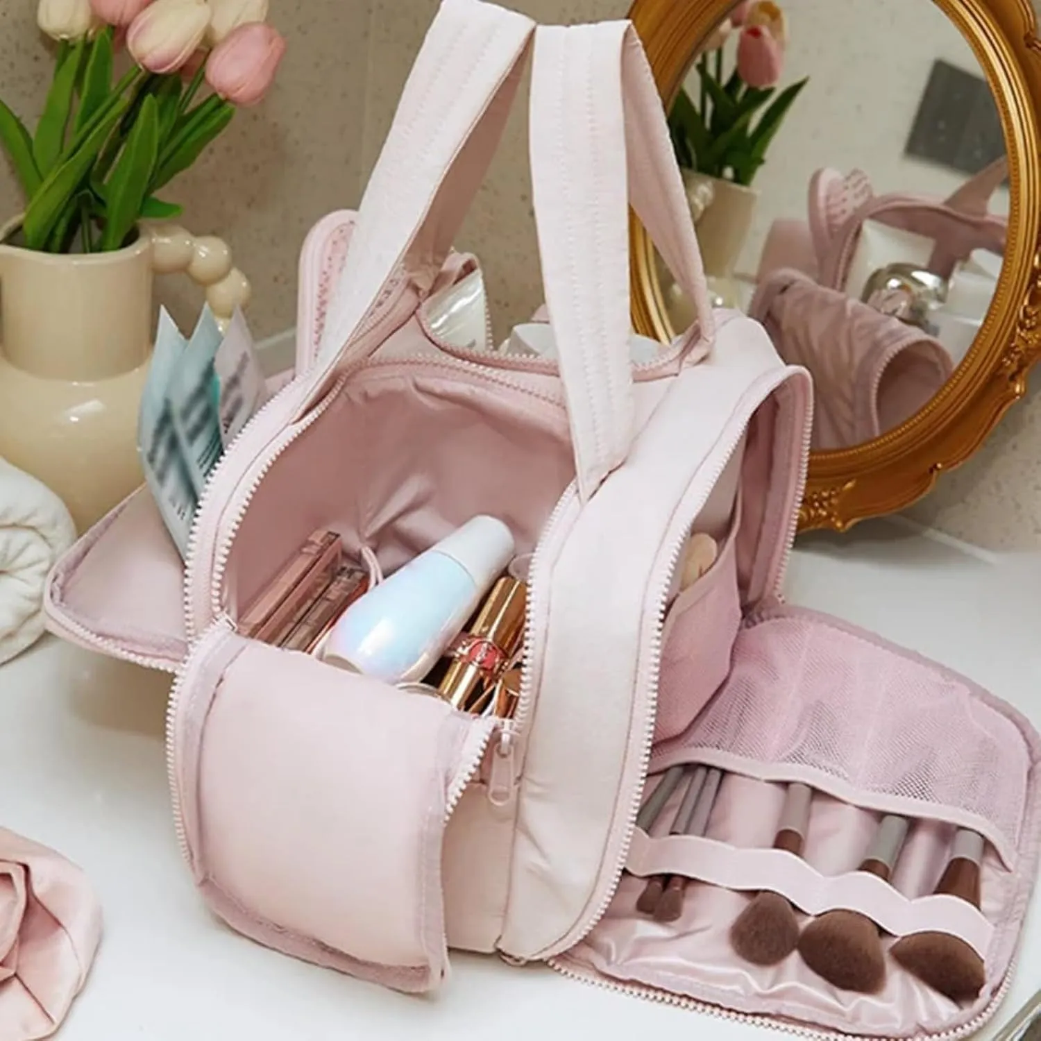 4-in-1 Multifunctional Travel Cosmetic Bag, Large-Capacity Travel Cosmetic Bag, 4-in-1 Puffy Multi-functional Toiletry Bag, 2025 New Camping Toiletry Bag for Women Traveling (Beige Pink)