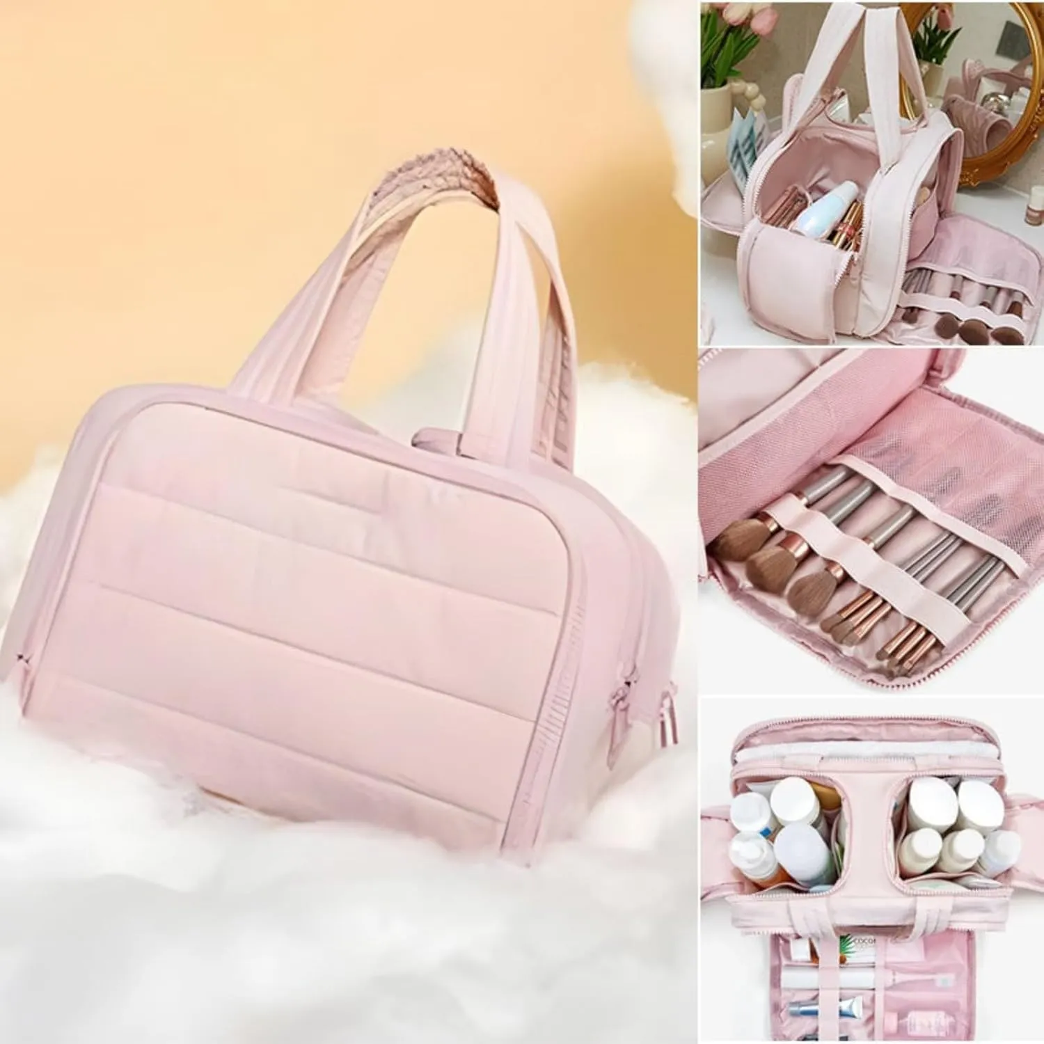 4-in-1 Multifunctional Travel Cosmetic Bag, Large-Capacity Travel Cosmetic Bag, 4-in-1 Puffy Multi-functional Toiletry Bag, 2025 New Camping Toiletry Bag for Women Traveling (Beige Pink)