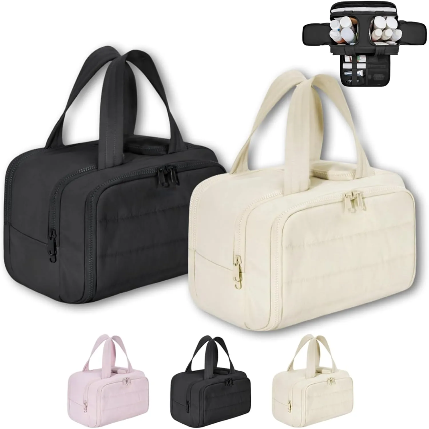 4-in-1 Multifunctional Travel Cosmetic Bag, Large-Capacity Travel Cosmetic Bag, 4-in-1 Puffy Multi-functional Toiletry Bag, 2025 New Camping Toiletry Bag for Women Traveling (Black Beige)