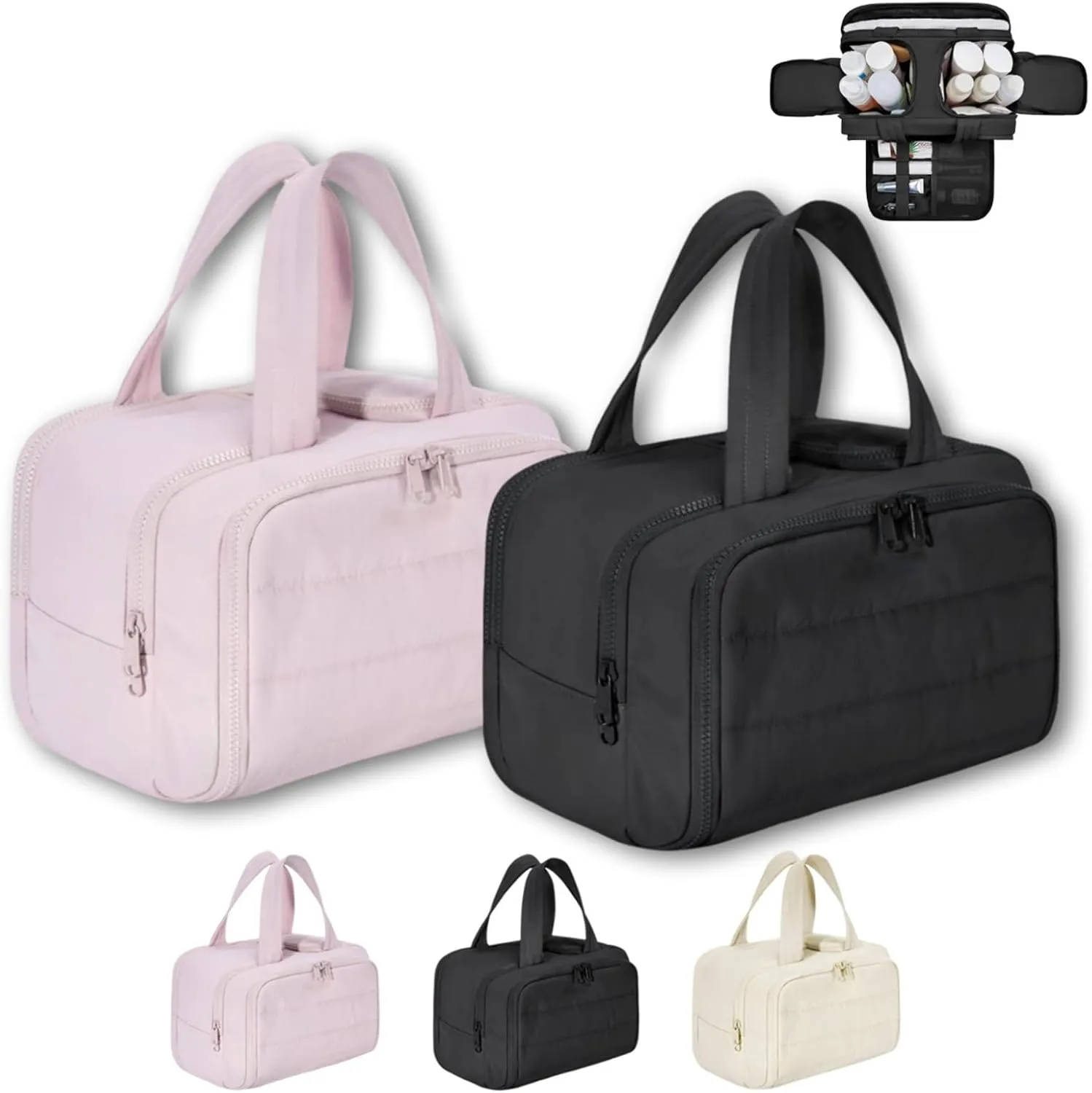 4-in-1 Multifunctional Travel Cosmetic Bag, Large-Capacity Travel Cosmetic Bag, 4-in-1 Puffy Multi-functional Toiletry Bag, 2025 New Camping Toiletry Bag for Women Traveling (Pink Black)