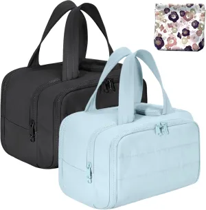 4-in-1 Puffy Multi-Functional Toiletry Bag for Women, 2025 New Travel Toiletry Bag, Large-Capacity Travel Cosmetic Bag, for Travel-Sized Shampoo, Brushes Set, Makeup Accessories (Black Blue*2PC)
