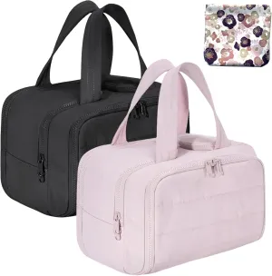 4-in-1 Puffy Multi-Functional Toiletry Bag for Women, 2025 New Travel Toiletry Bag, Large-Capacity Travel Cosmetic Bag, for Travel-Sized Shampoo, Brushes Set, Makeup Accessories (Black Pink*2PC)