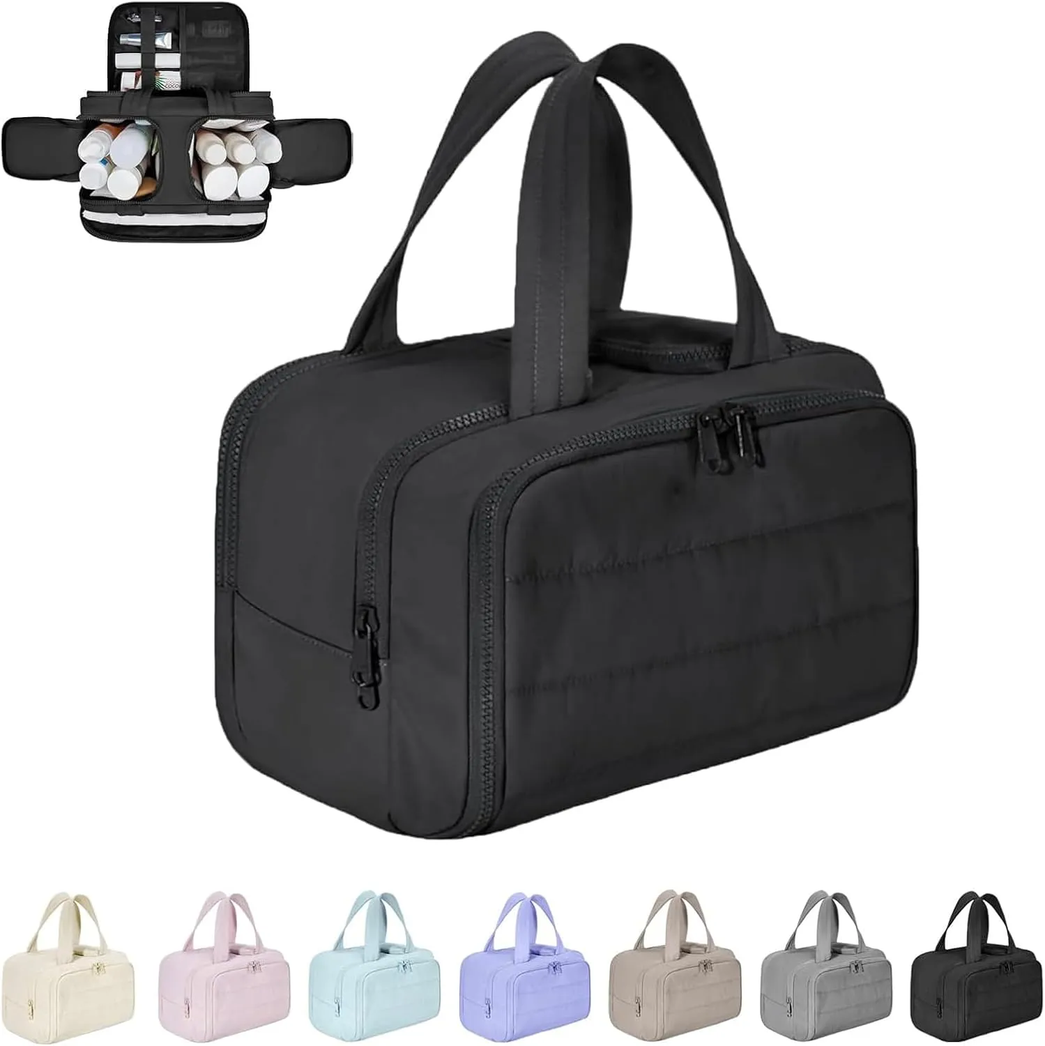 4-in-1 Puffy Multi-Functional Toiletry Bag,Travel Toiletry Bag, Lightweight Large Wide-Open Travel Bag for Women,Puffy Cosmetic Bag with Handle for Accessories,Essentials, Toiletries (Black)