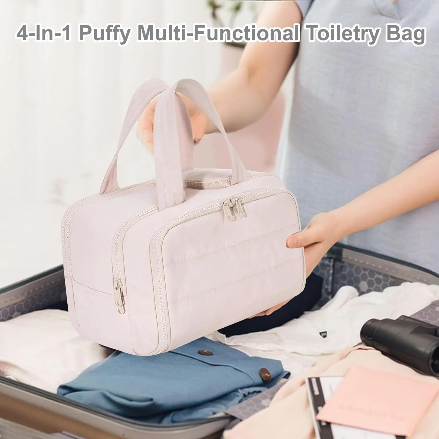 4-in-1 Puffy Multi-Functional Toiletry Bag,Travel Toiletry Bag, Lightweight Large Wide-Open Travel Bag for Women,Puffy Cosmetic Bag with Handle for Accessories,Essentials, Toiletries (Black)