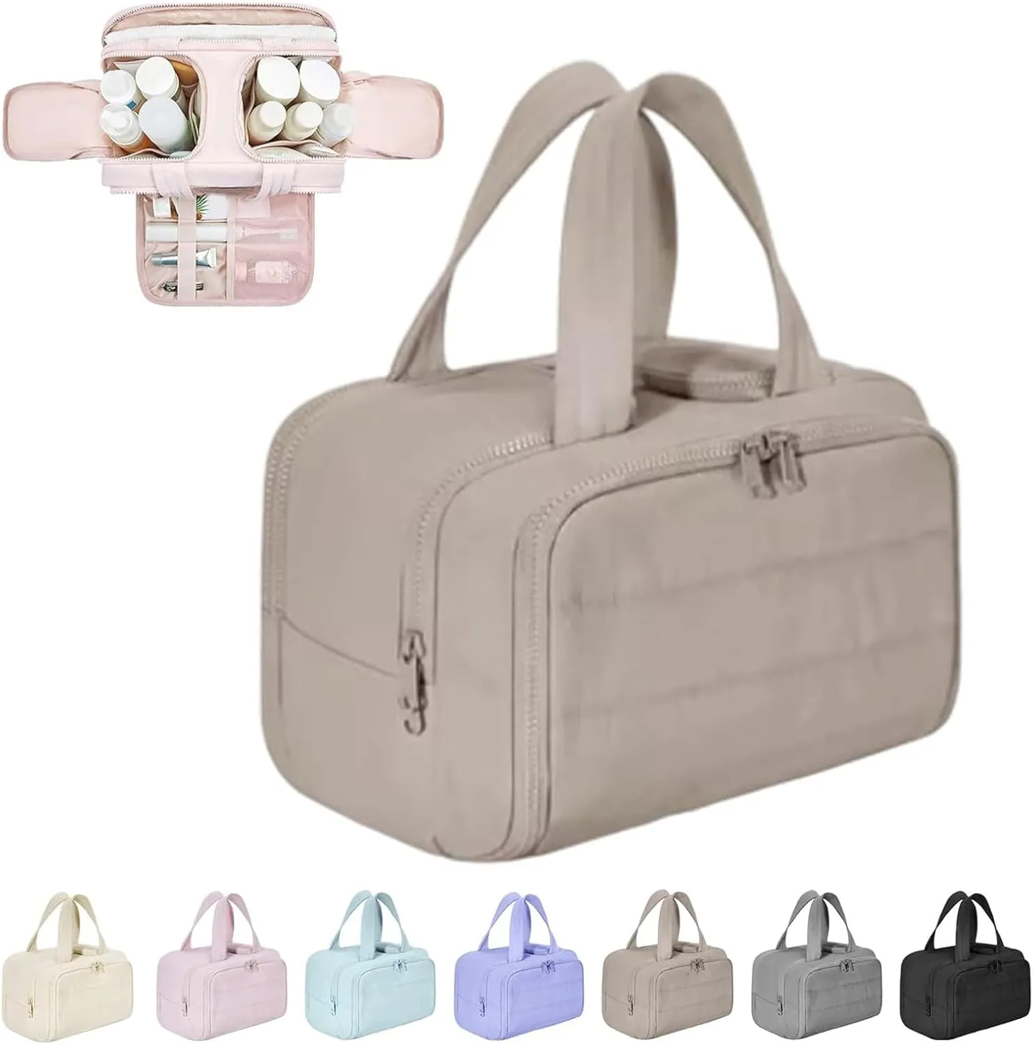 4-in-1 Puffy Multi-Functional Toiletry Bag,Travel Toiletry Bag, Lightweight Large Wide-Open Travel Bag for Women,Puffy Cosmetic Bag with Handle for Accessories,Essentials, Toiletries (Khaki)