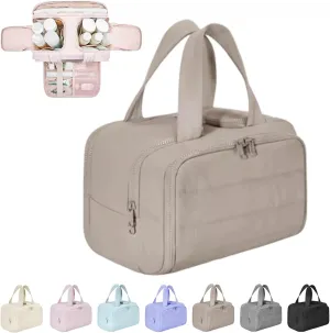 4-in-1 Puffy Multi-Functional Toiletry Bag,Travel Toiletry Bag, Lightweight Large Wide-Open Travel Bag for Women,Puffy Cosmetic Bag with Handle for Accessories,Essentials, Toiletries (Khaki)