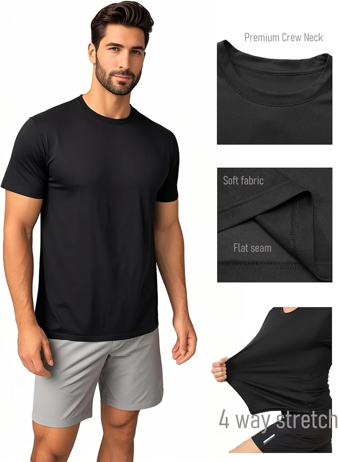 5 Pack Mens Short Sleeve Quick Dry Active Athletic T Shirt Running Gym Workout Tee Tops