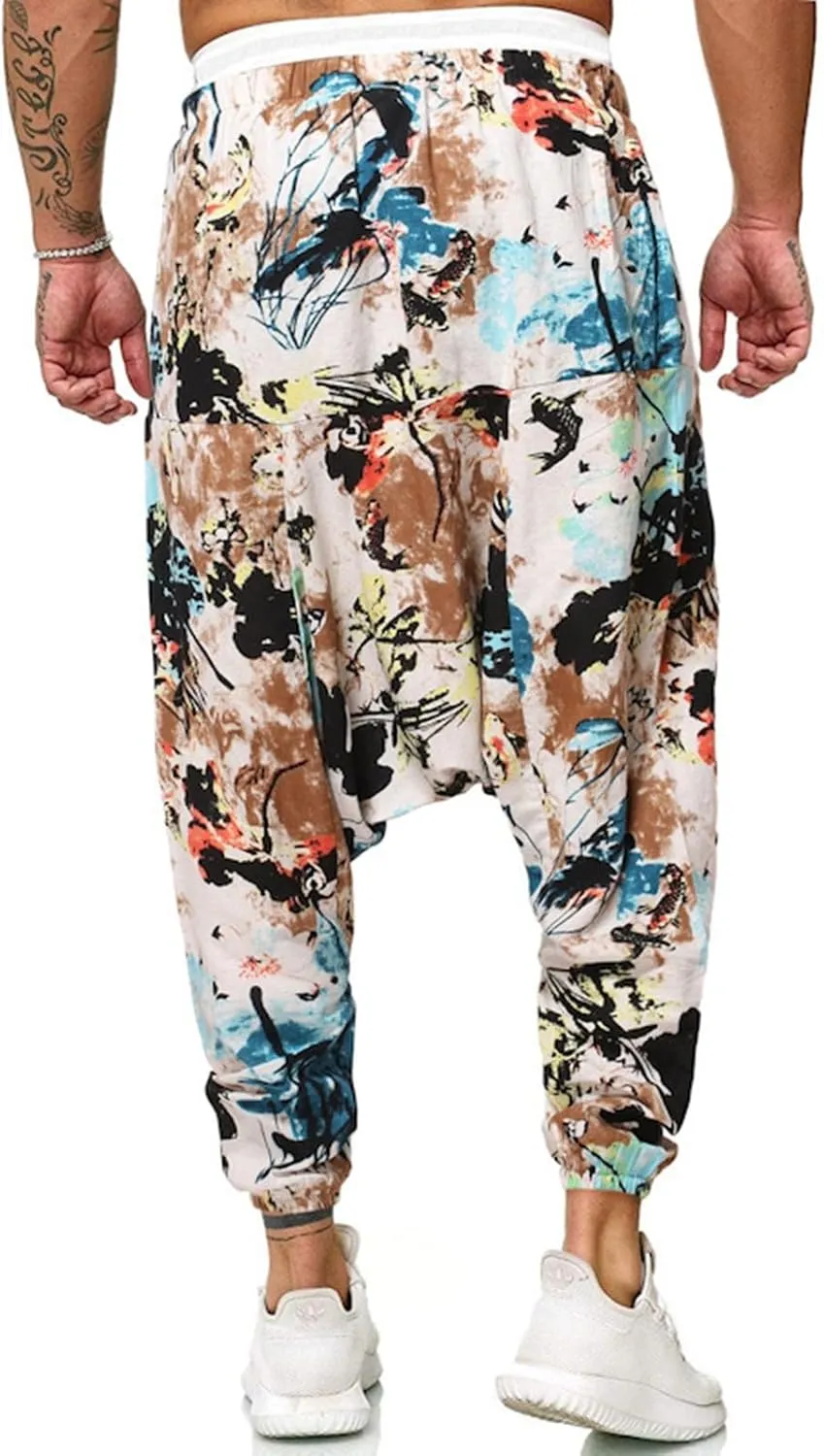 Alalaso Men Women Cotton Baggy Hippie Yoga Harem Pants Funky Printed Plus Size Trousers with Pockets