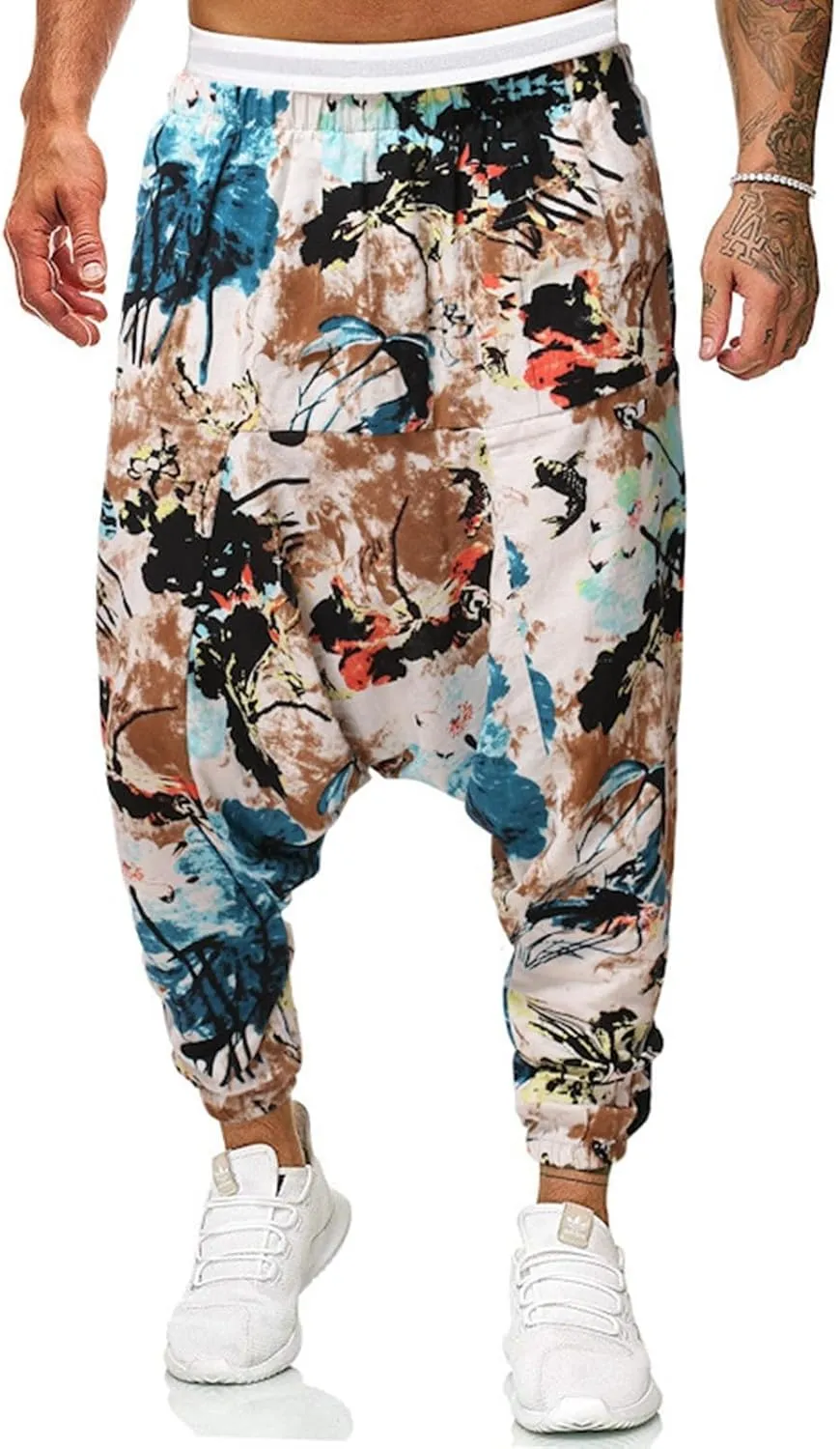 Alalaso Men Women Cotton Baggy Hippie Yoga Harem Pants Funky Printed Plus Size Trousers with Pockets