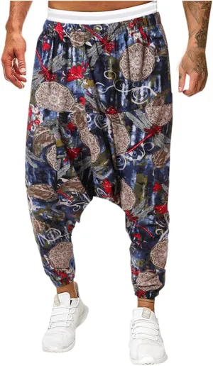 Alalaso Men Women Cotton Baggy Hippie Yoga Harem Pants Funky Printed Plus Size Trousers with Pockets