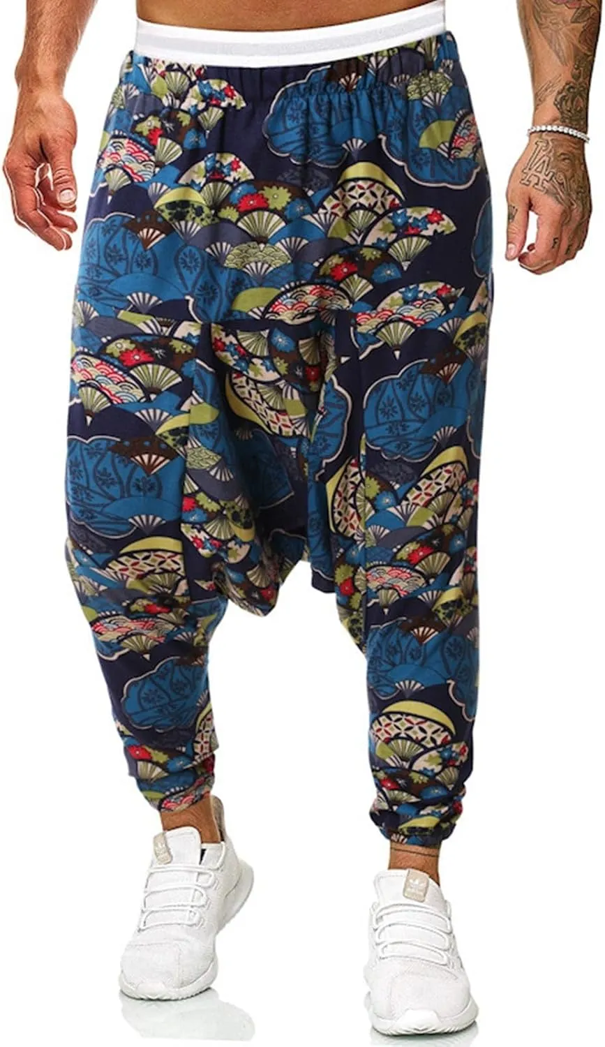 Alalaso Men Women Cotton Baggy Hippie Yoga Harem Pants Funky Printed Plus Size Trousers with Pockets