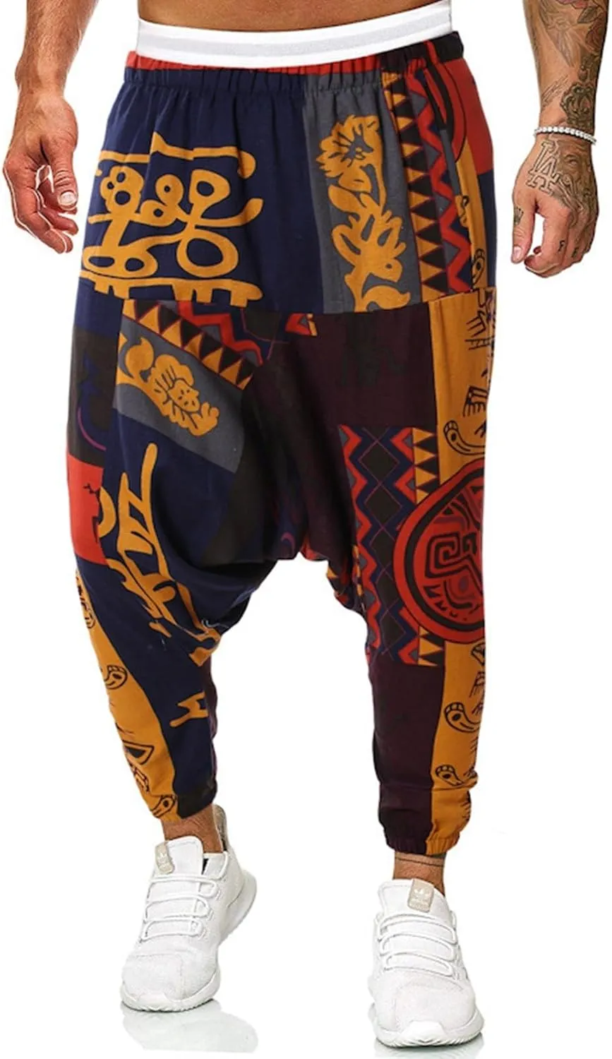 Alalaso Men Women Cotton Baggy Hippie Yoga Harem Pants Funky Printed Plus Size Trousers with Pockets