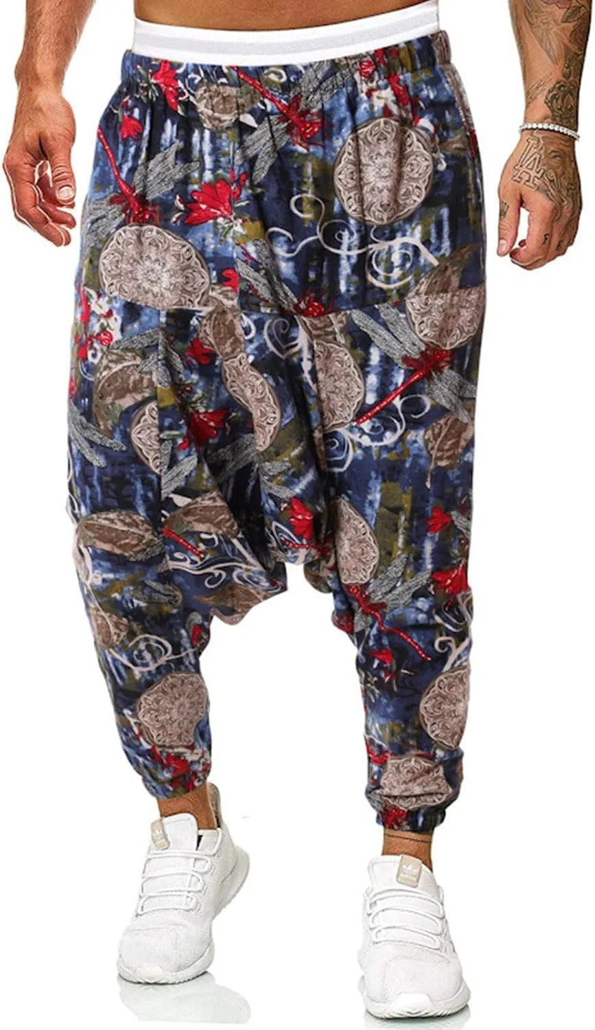 Alalaso Men Women Cotton Baggy Hippie Yoga Harem Pants Funky Printed Plus Size Trousers with Pockets