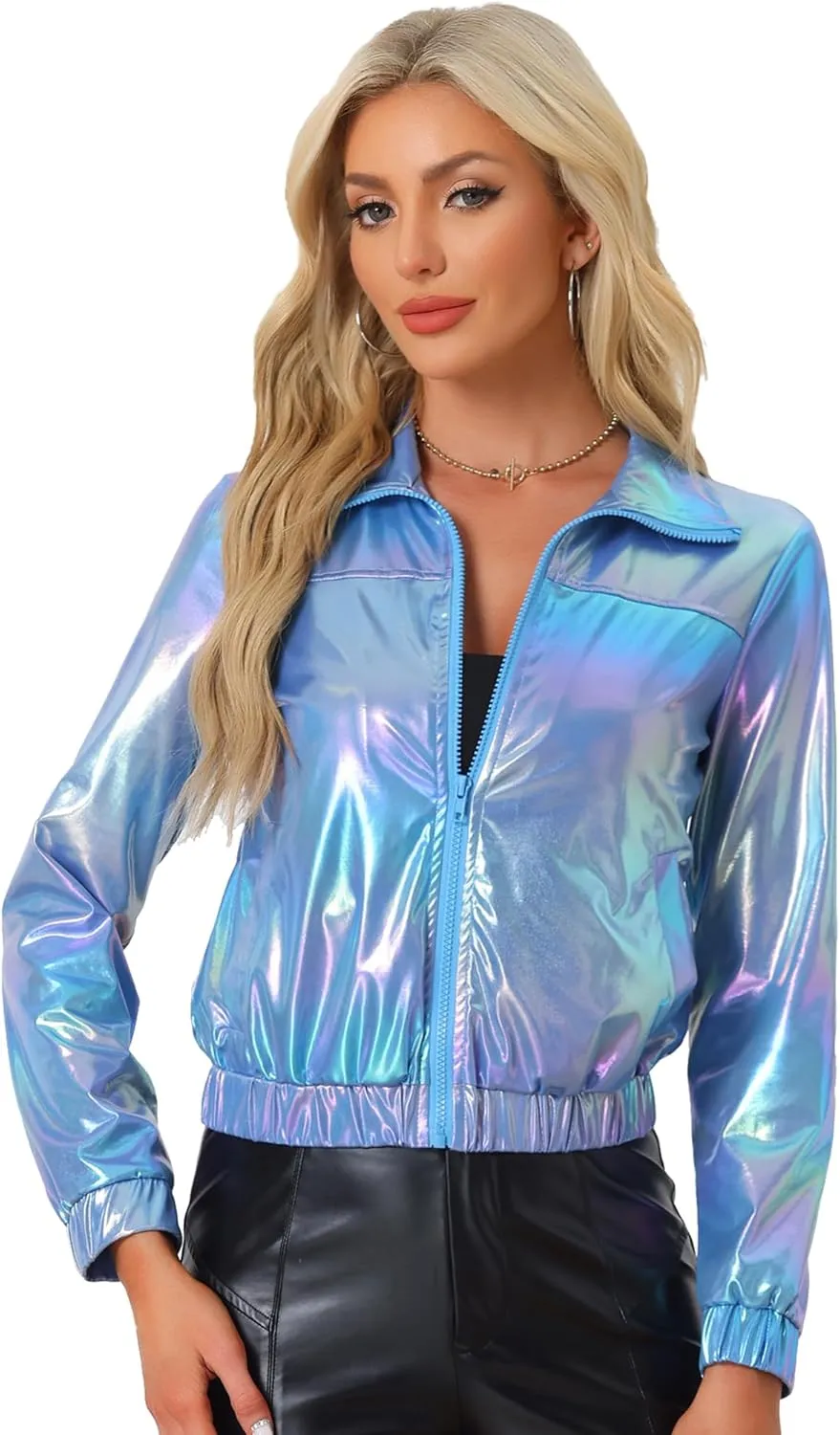 Allegra K Women's Holographic Shiny Party Christmas Long Sleeve Lightweight Zipper Metallic Jacket