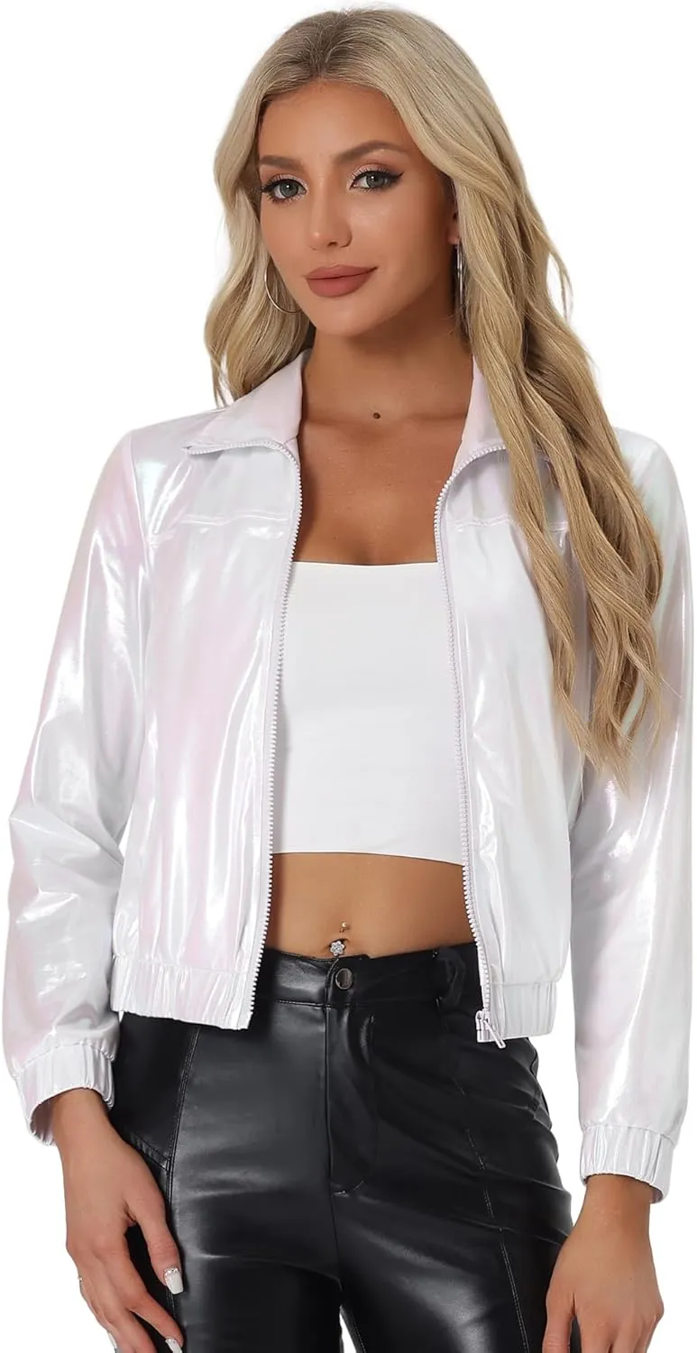 Allegra K Women's Holographic Shiny Party Christmas Long Sleeve Lightweight Zipper Metallic Jacket