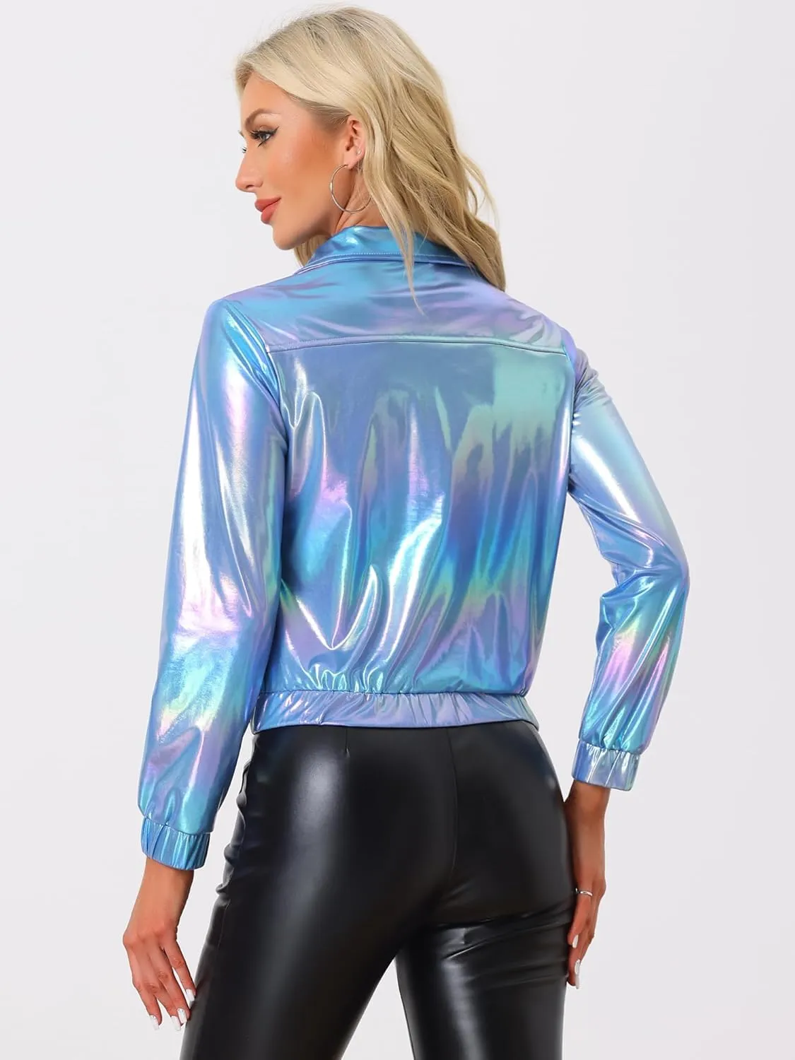 Allegra K Women's Holographic Shiny Party Christmas Long Sleeve Lightweight Zipper Metallic Jacket