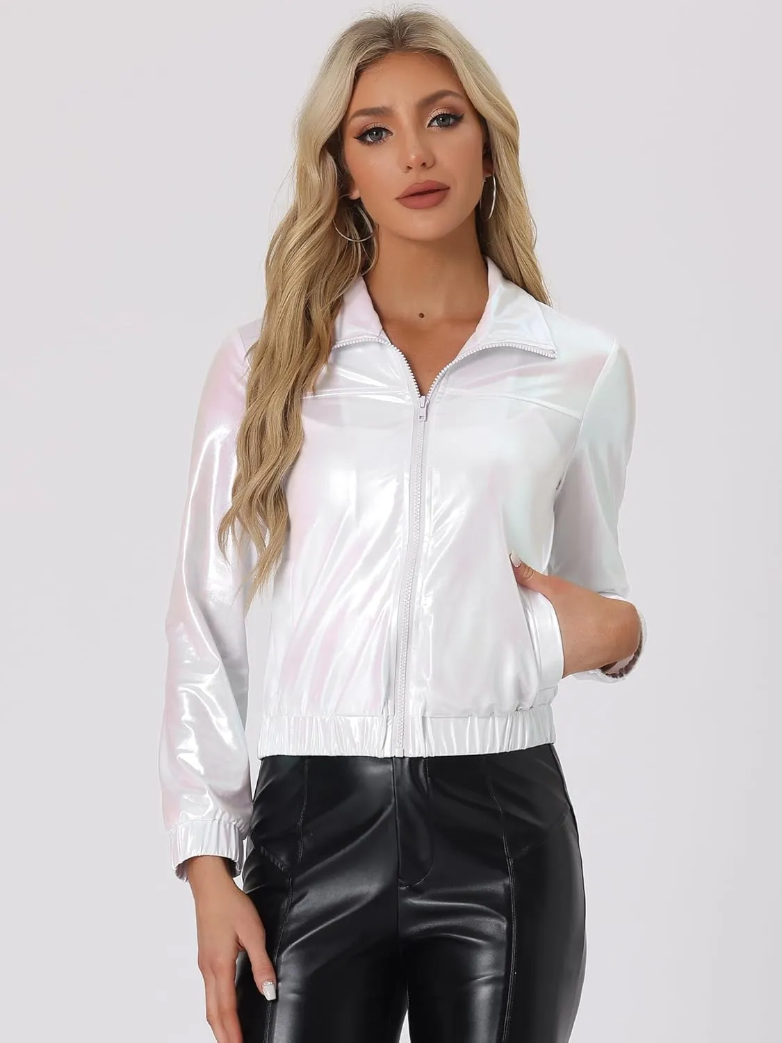 Allegra K Women's Holographic Shiny Party Christmas Long Sleeve Lightweight Zipper Metallic Jacket