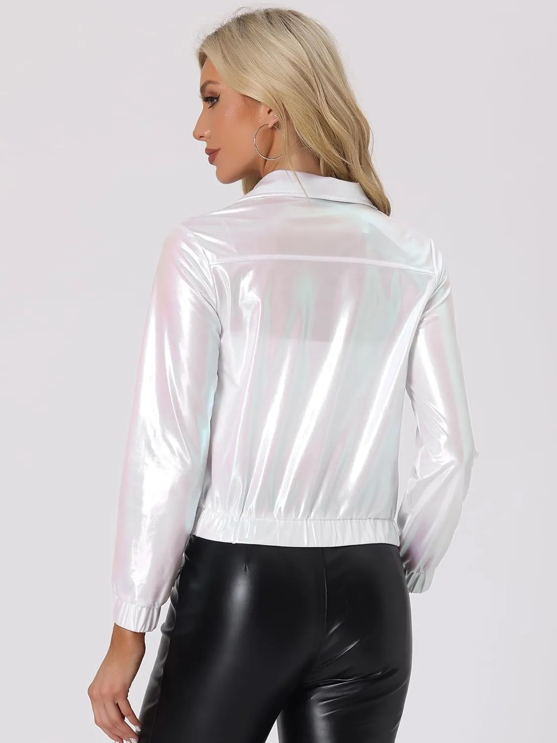Allegra K Women's Holographic Shiny Party Christmas Long Sleeve Lightweight Zipper Metallic Jacket