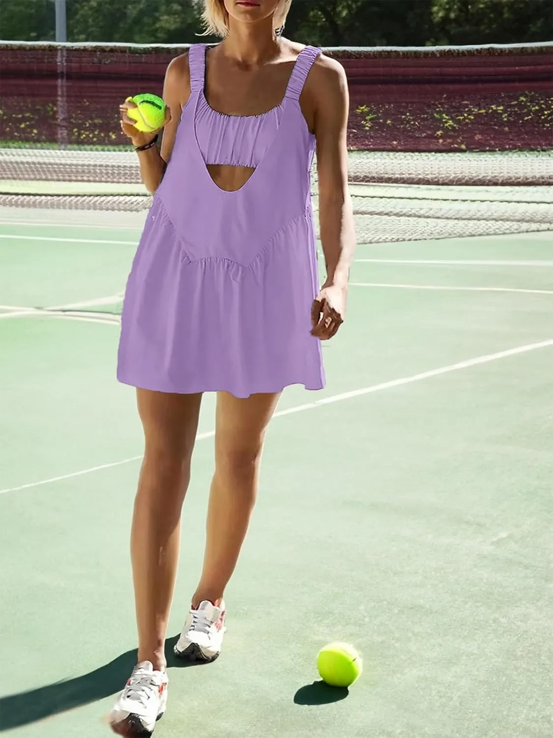AnotherChill Womens Tennis Dress Built-in Bra & Matching Shorts Pockets Workout Dresses Athletic Outfits Cut Out Two Piece