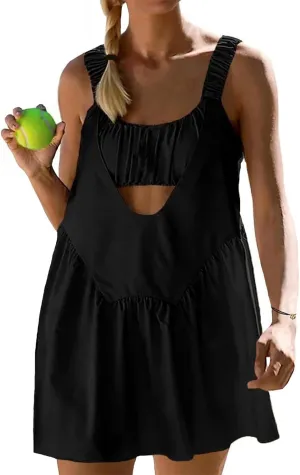 AnotherChill Womens Tennis Dress Built-in Bra & Matching Shorts Pockets Workout Dresses Athletic Outfits Cut Out Two Piece