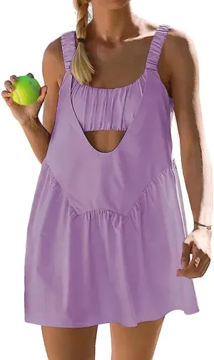 AnotherChill Womens Tennis Dress Built-in Bra & Matching Shorts Pockets Workout Dresses Athletic Outfits Cut Out Two Piece