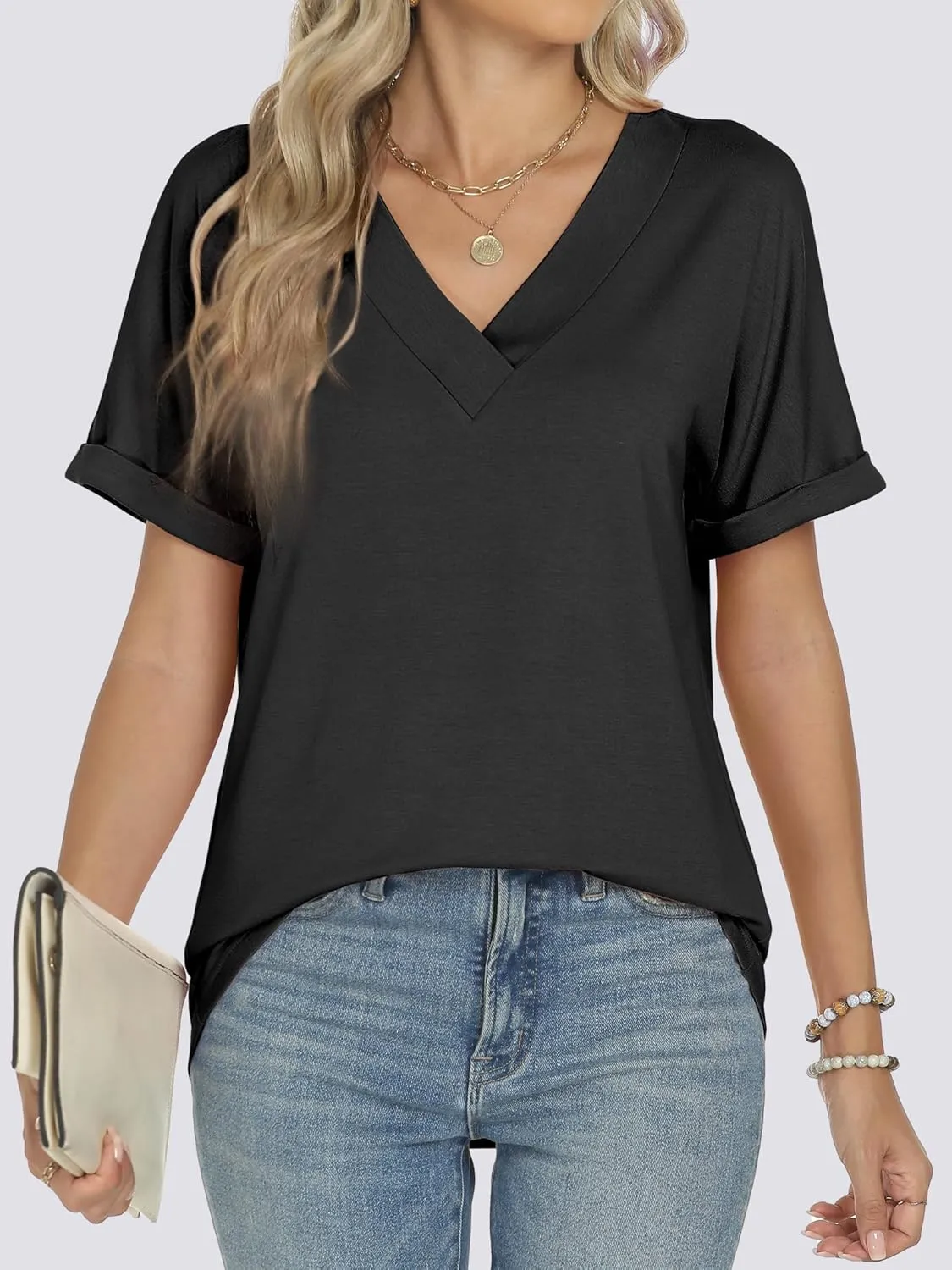 ANRABESS Womens T Shirts Short Sleeve V Neck Shirts Summer Loose Fit Dressy Tops Business Casual Blouses 2025 Basic Tees
