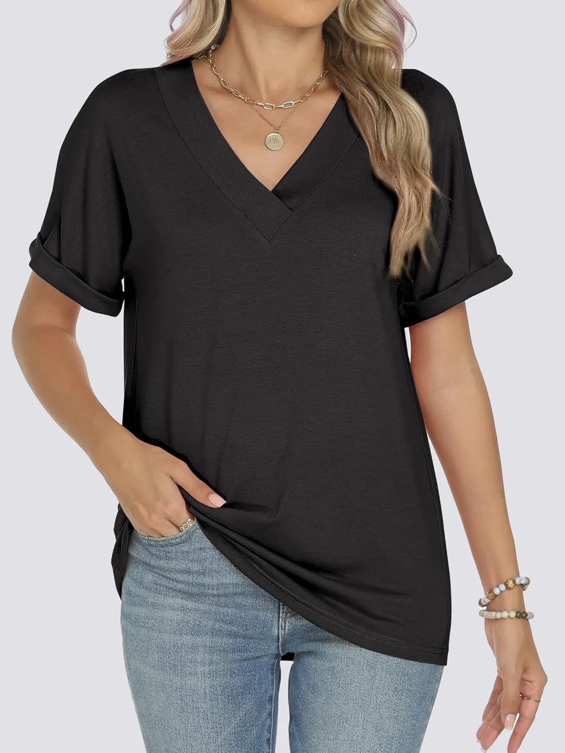 ANRABESS Womens T Shirts Short Sleeve V Neck Shirts Summer Loose Fit Dressy Tops Business Casual Blouses 2025 Basic Tees
