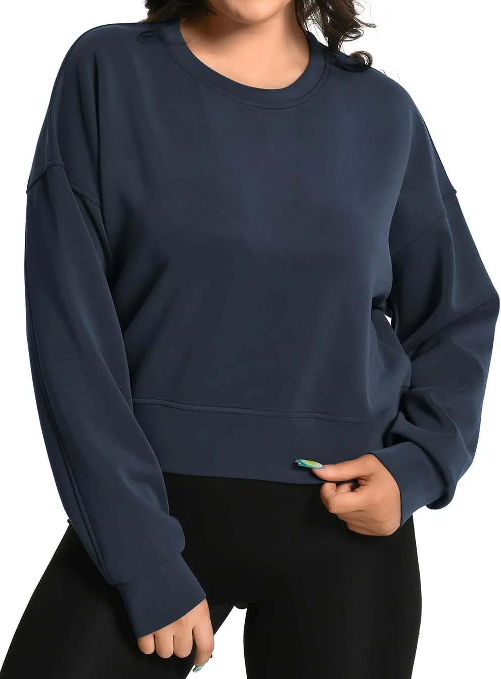 Auriviz Womens Modal Long Sleeve Cropped Sweatshirts Oversized Workout Shirts Crew Neck Pullover Crop Tops