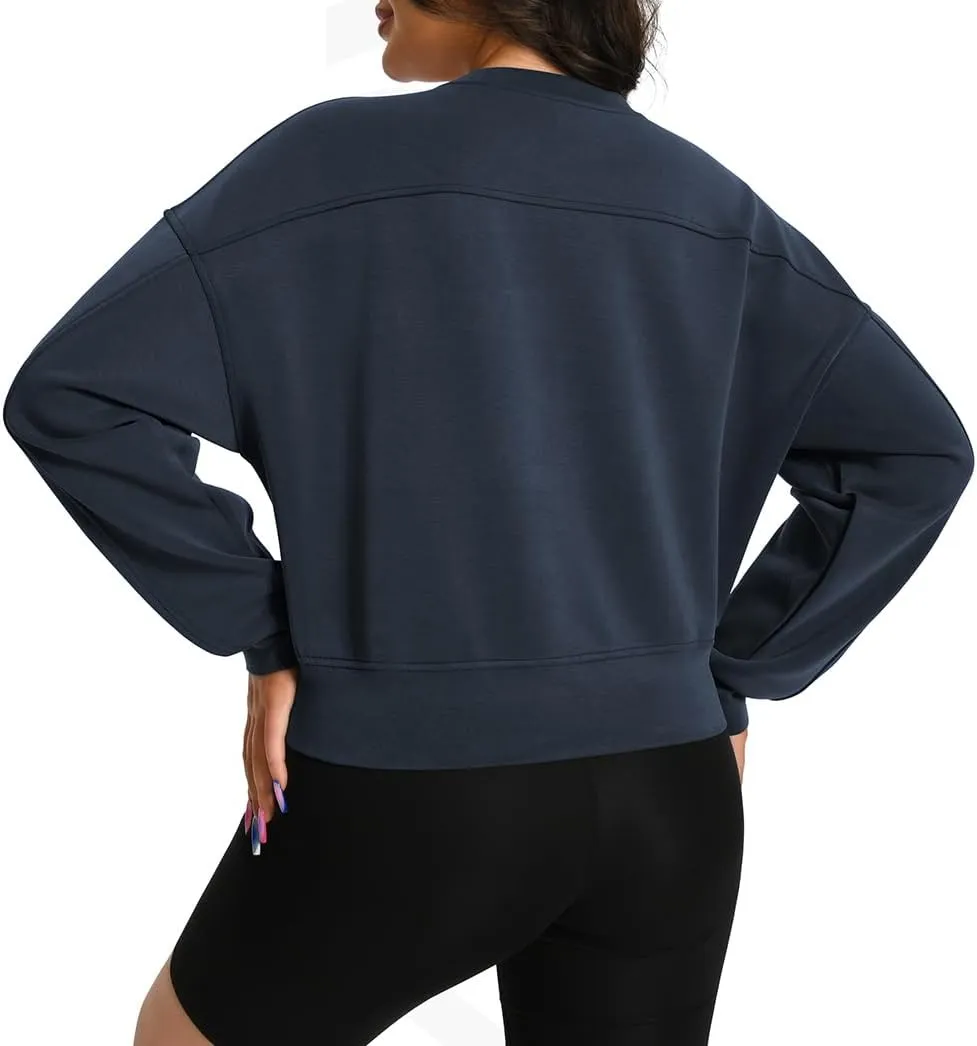 Auriviz Womens Modal Long Sleeve Cropped Sweatshirts Oversized Workout Shirts Crew Neck Pullover Crop Tops
