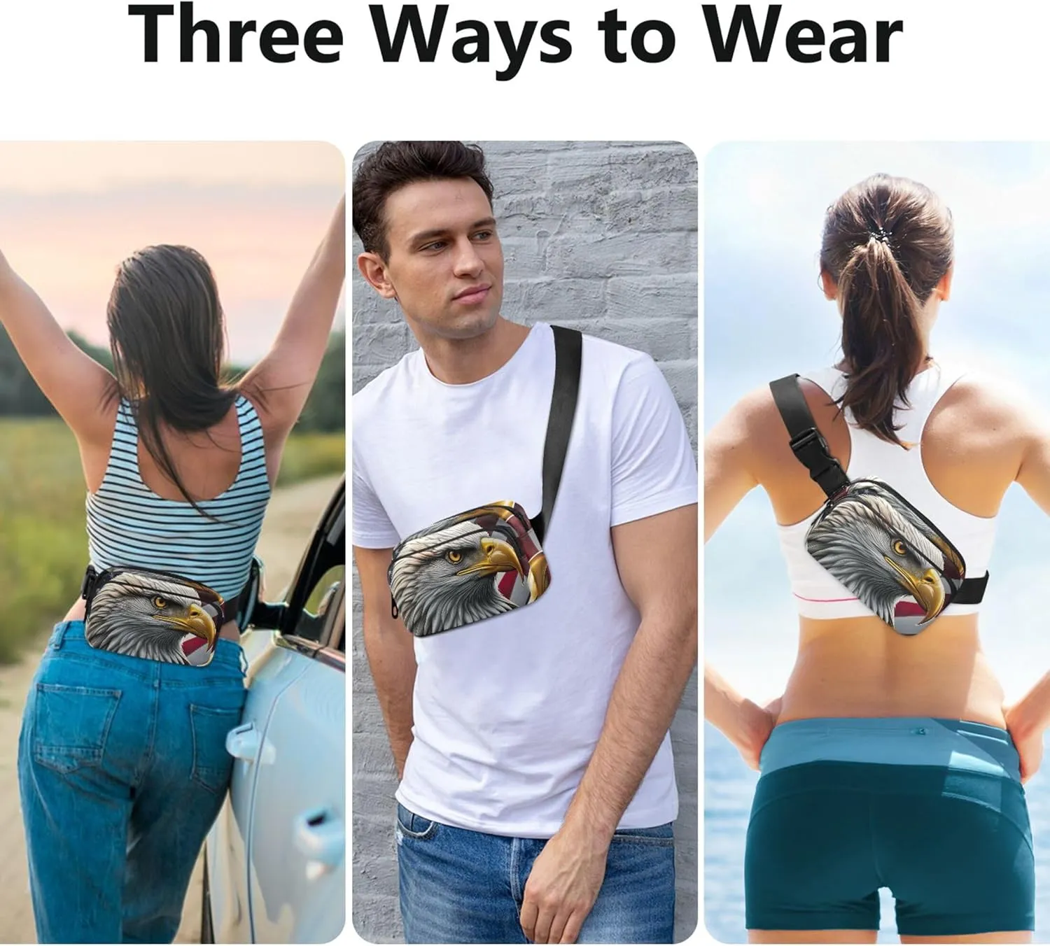 Bald Eagle American Flag Womens Fanny Pack Funky Belt Bag Hip Pouch Waterproof Travel Waist Pack for Men