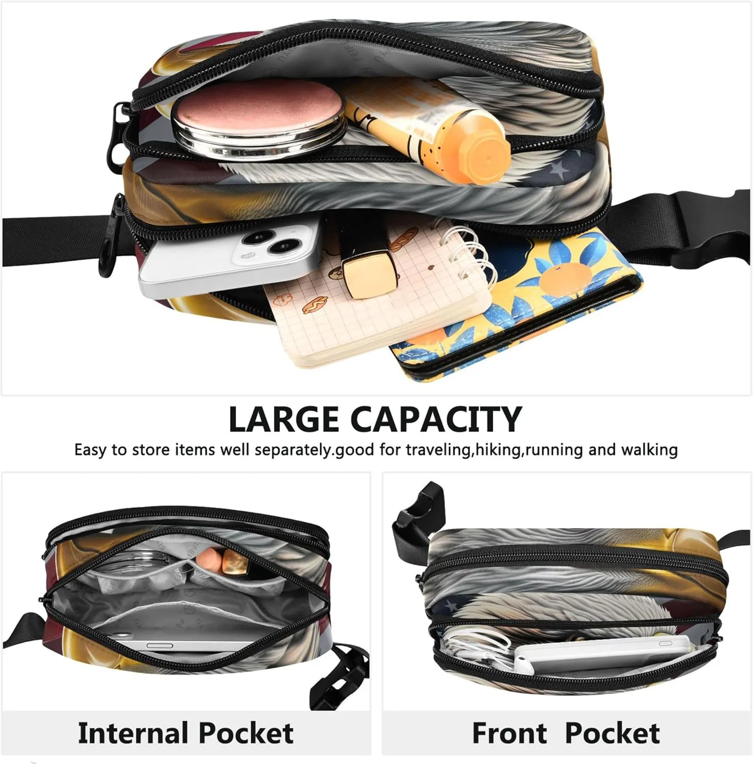 Bald Eagle American Flag Womens Fanny Pack Funky Belt Bag Hip Pouch Waterproof Travel Waist Pack for Men