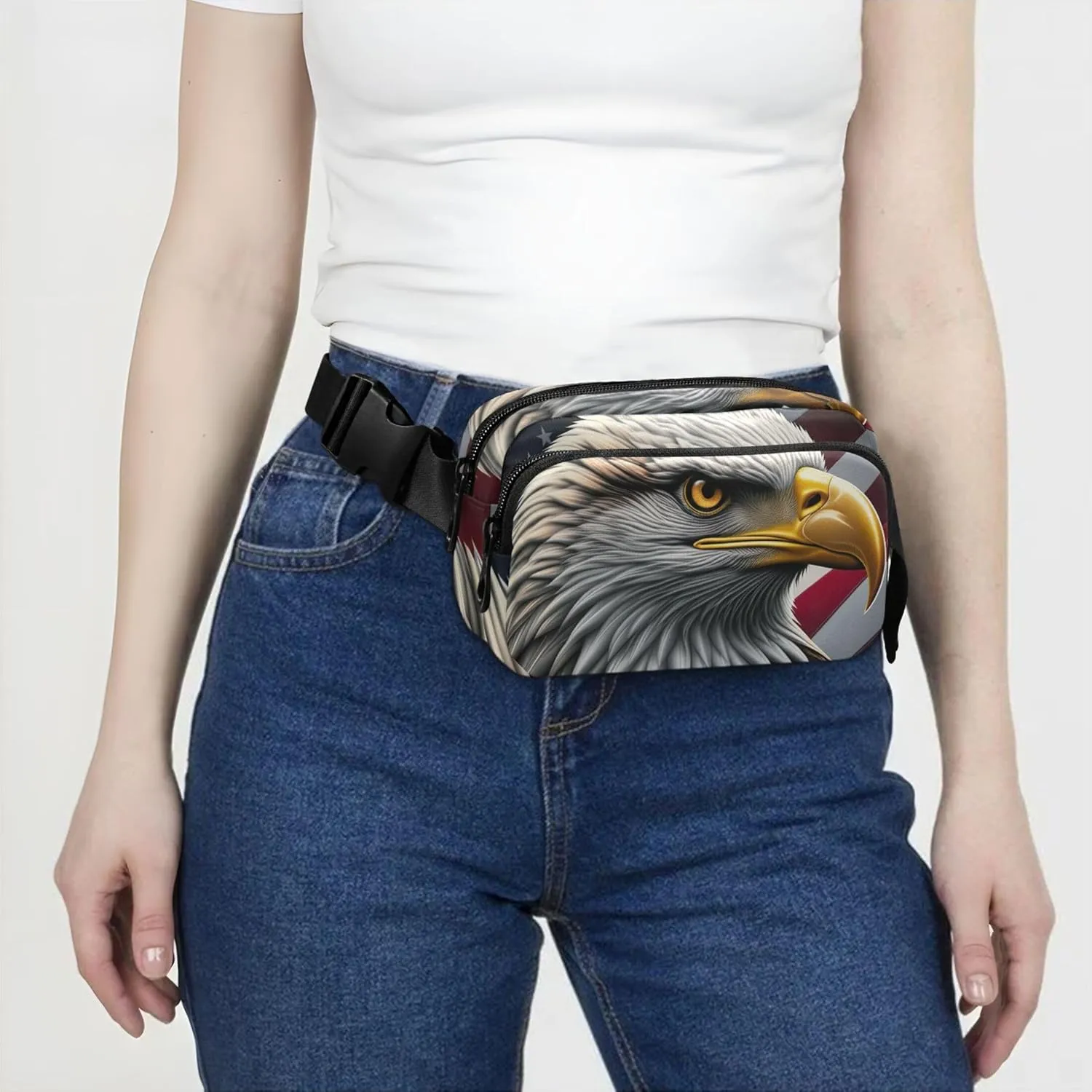 Bald Eagle American Flag Womens Fanny Pack Funky Belt Bag Hip Pouch Waterproof Travel Waist Pack for Men