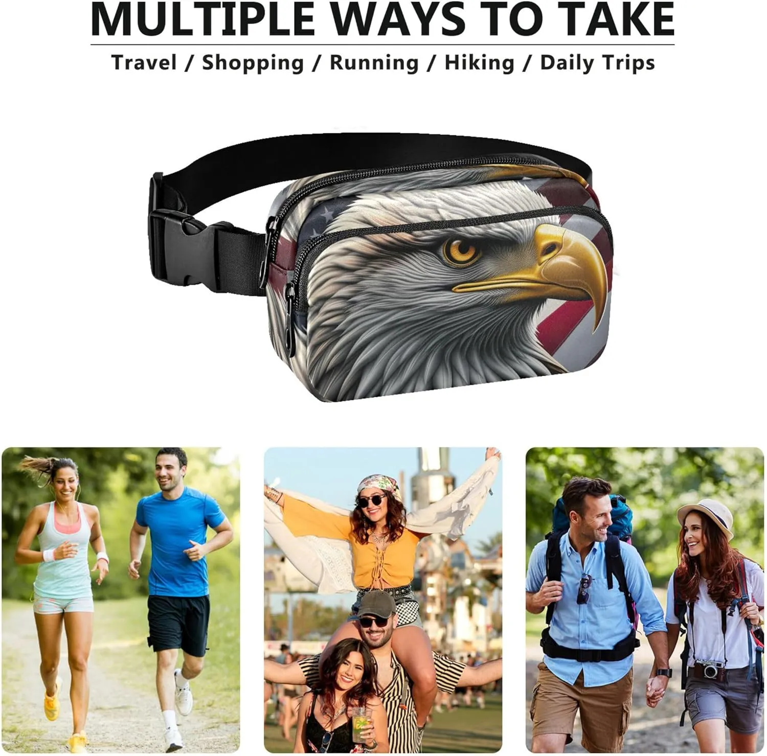 Bald Eagle American Flag Womens Fanny Pack Funky Belt Bag Hip Pouch Waterproof Travel Waist Pack for Men