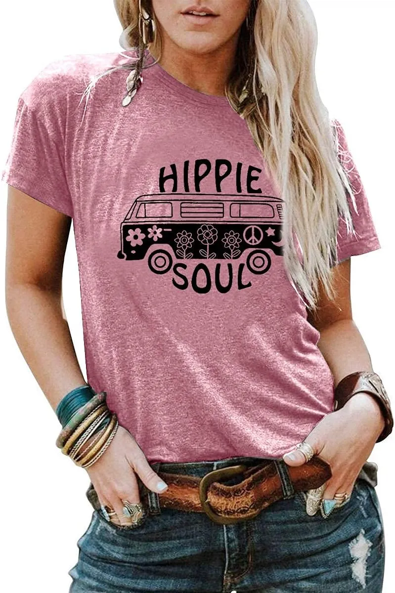 BLANCHES Women Summer Tops Vintage Graphic Tee Hippy Soul Tops Crew Neck Short Sleeve Casual Tees