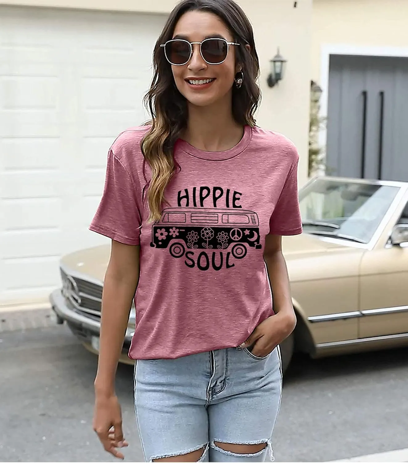 BLANCHES Women Summer Tops Vintage Graphic Tee Hippy Soul Tops Crew Neck Short Sleeve Casual Tees