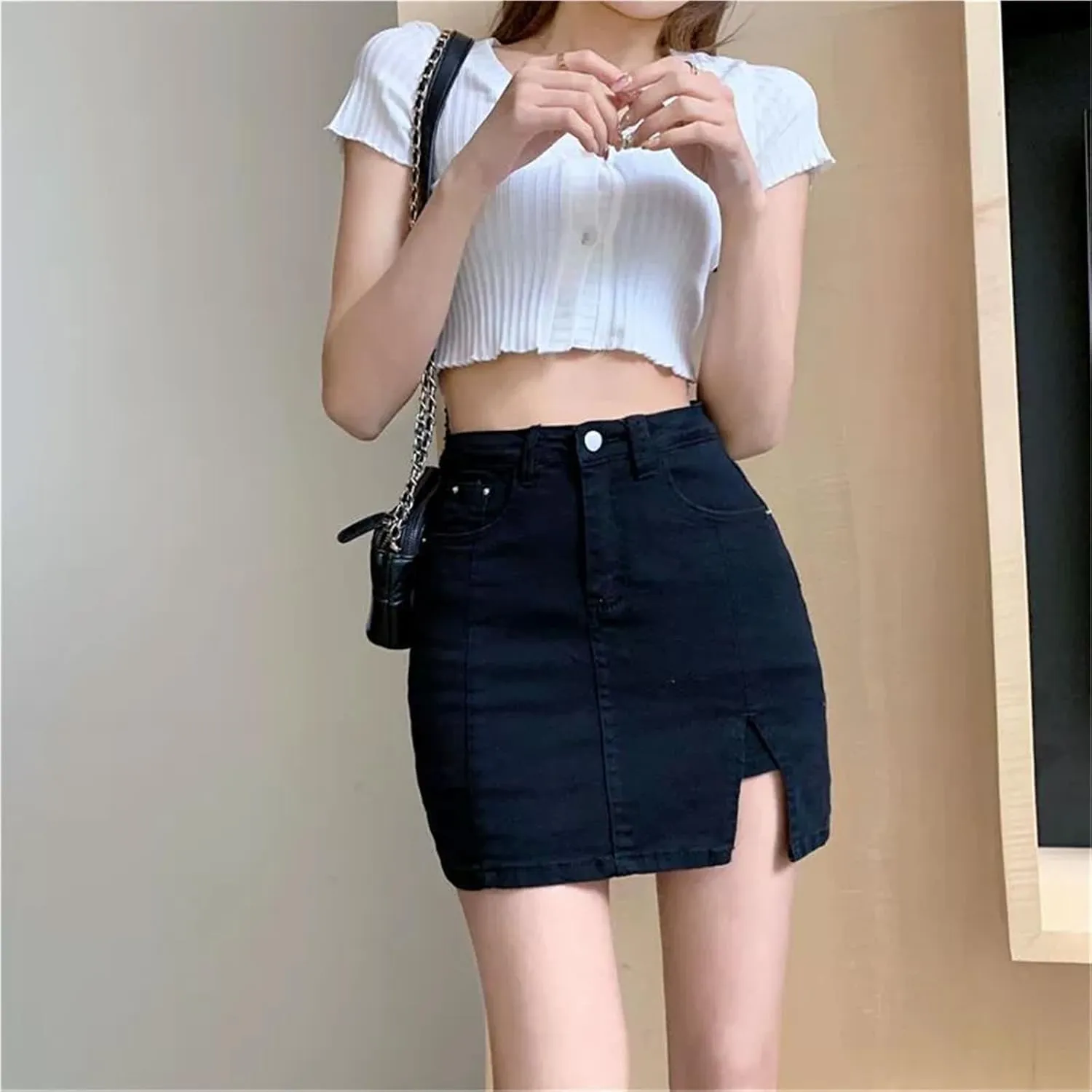 Bloomy Jean Skorts, Bloomy Skorts, High Waisted Denim Skirt, Casual Stretchy Denim Side Split Mini Skirts