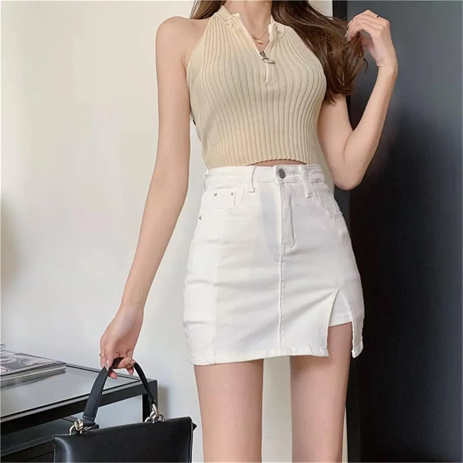 Bloomy Jean Skorts, Bloomy Skorts, High Waisted Denim Skirt, Casual Stretchy Denim Side Split Mini Skirts