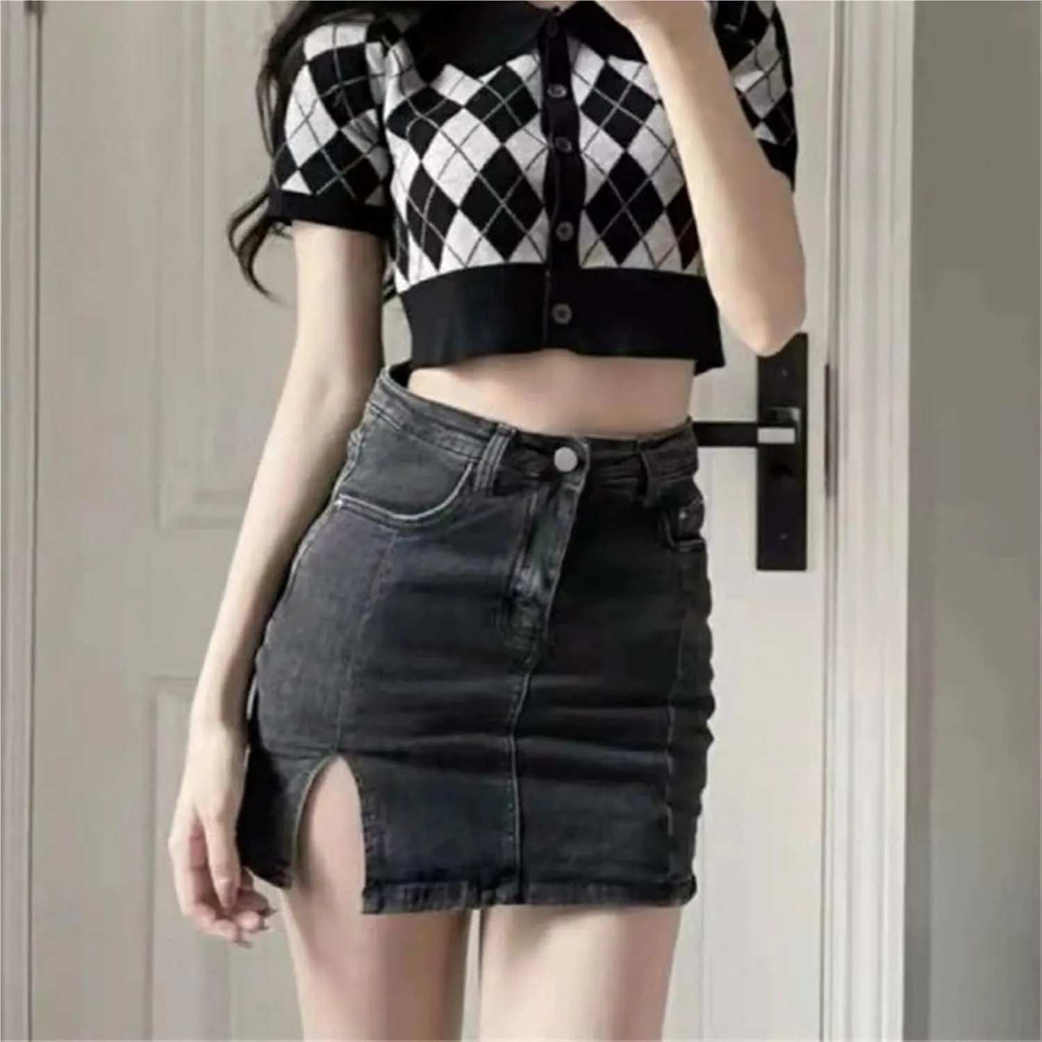 Bloomy Jean Skorts, Bloomy Skorts, High Waisted Denim Skirt, Casual Stretchy Denim Side Split Mini Skirts