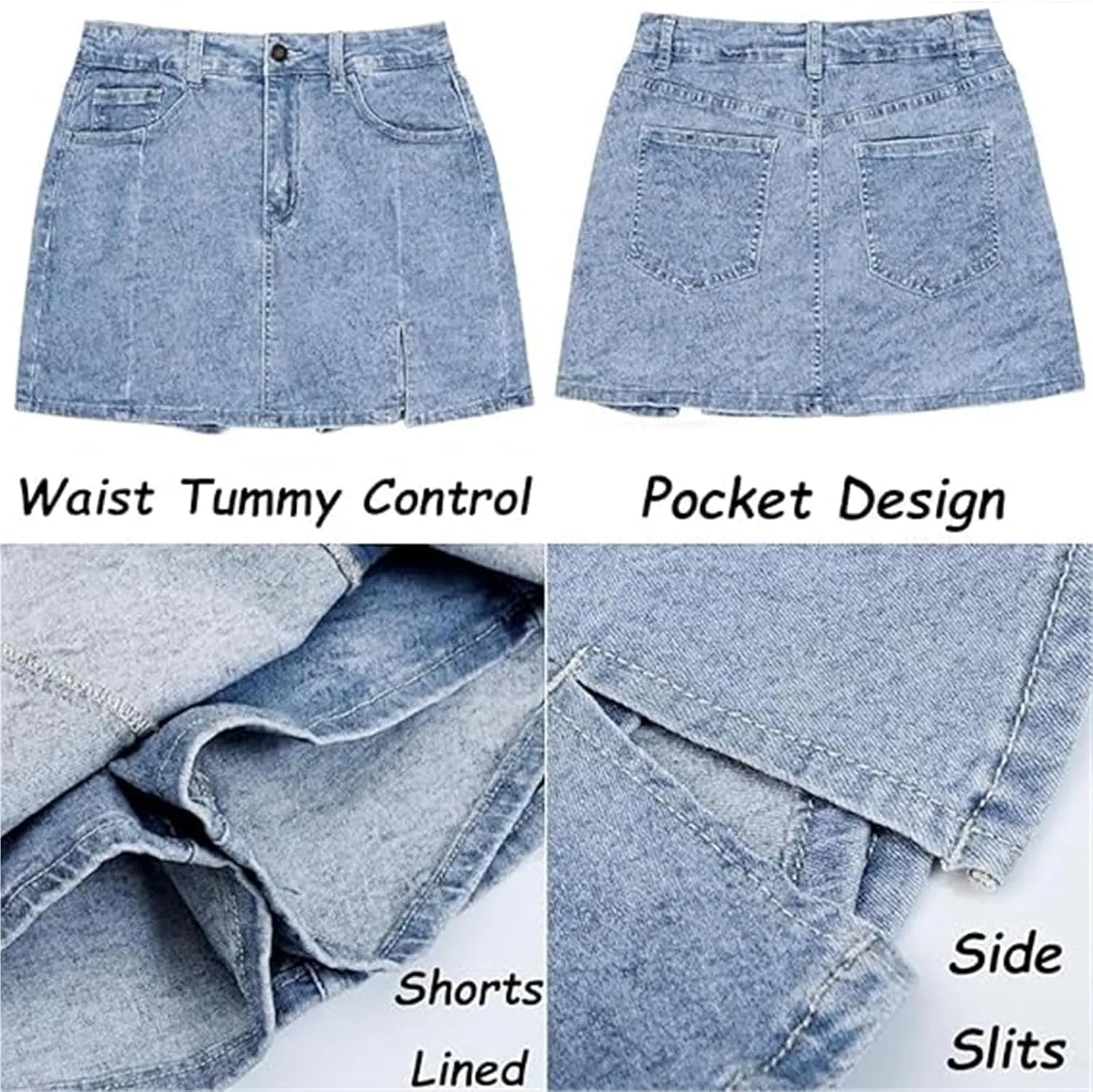 Bloomy Jean Skorts, Bloomy Skorts, High Waisted Denim Skirt, Casual Stretchy Denim Side Split Mini Skirts